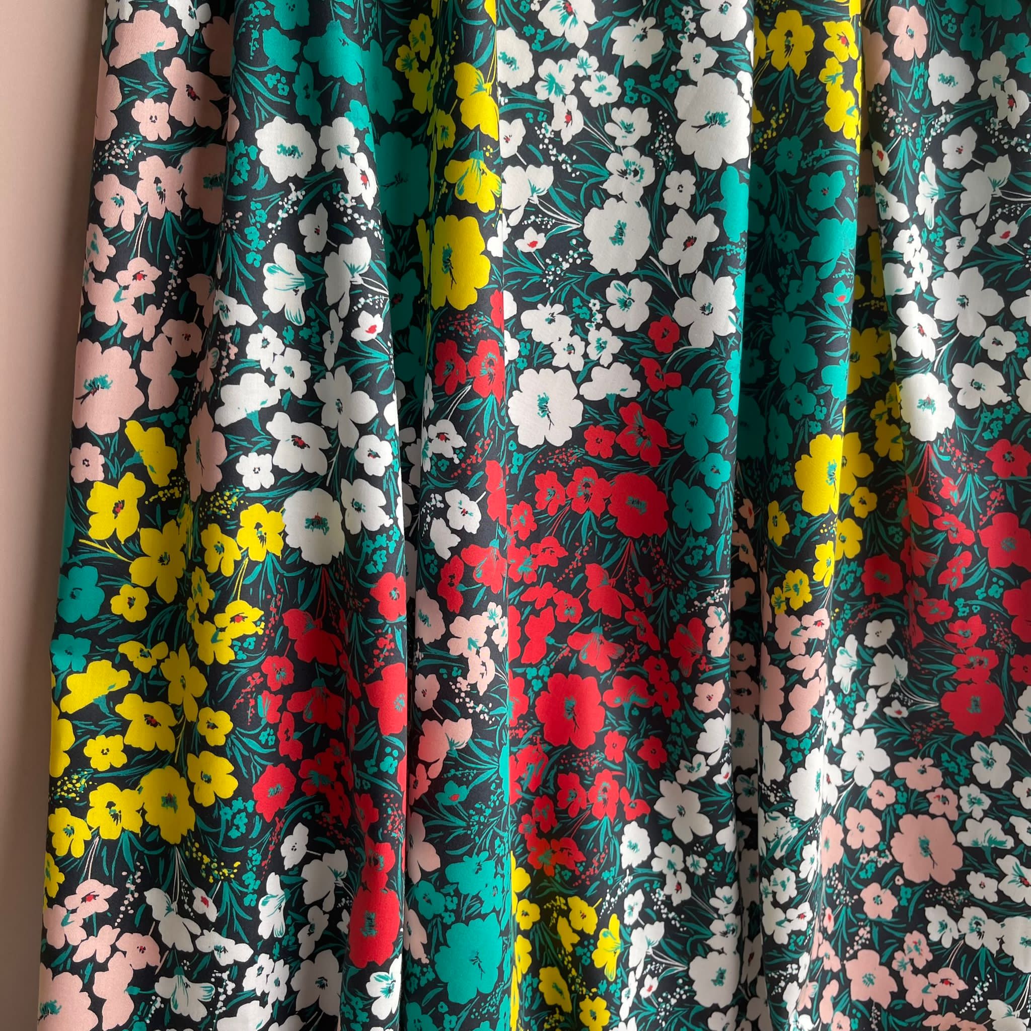 REMNANT 2.67 Metres - Meadow Flowers on Black Cotton Sateen Fabric