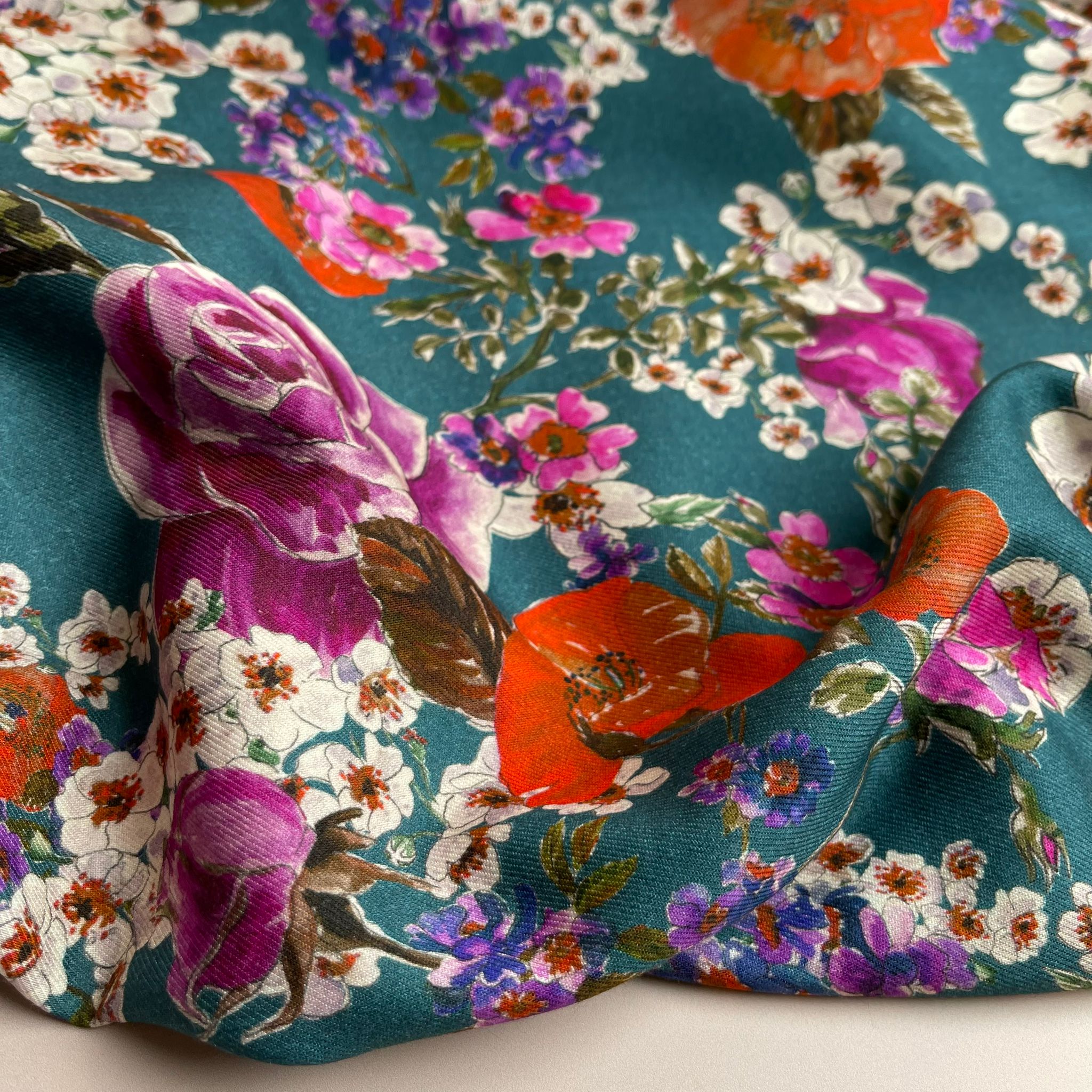 REMNANT 1.68 Metres - Blossoms on Teal Modal Blend Twill Dress Fabric