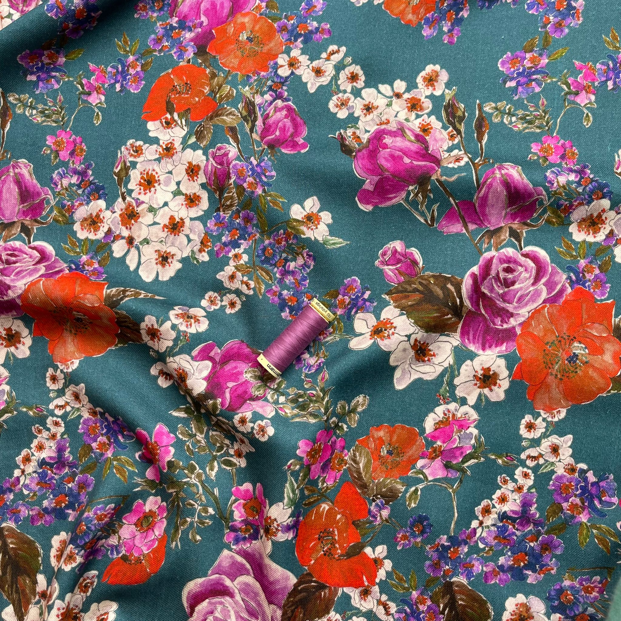 REMNANT 1.68 Metres - Blossoms on Teal Modal Blend Twill Dress Fabric