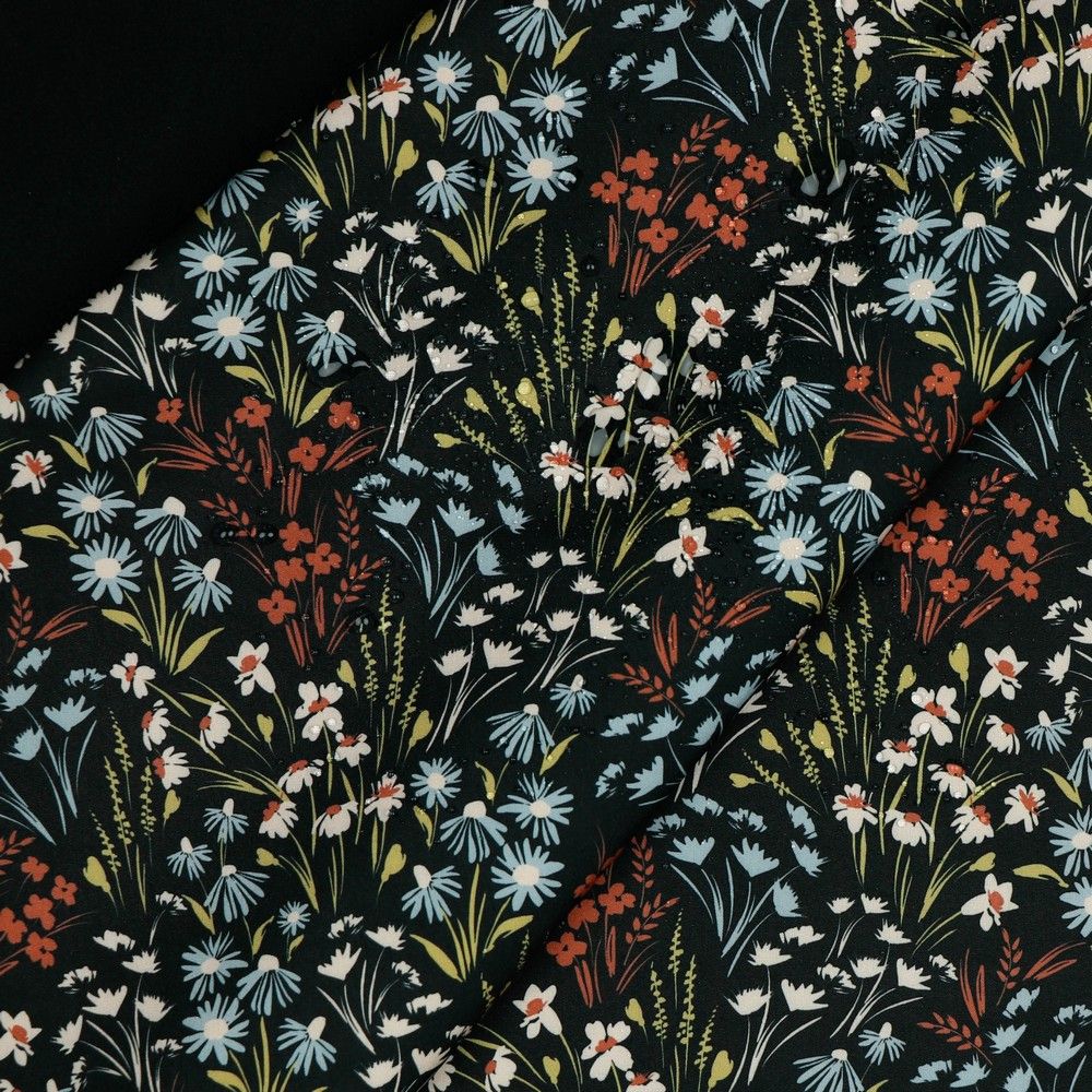 Meadow Flowers in Black Soft Shell Fleece Fabric