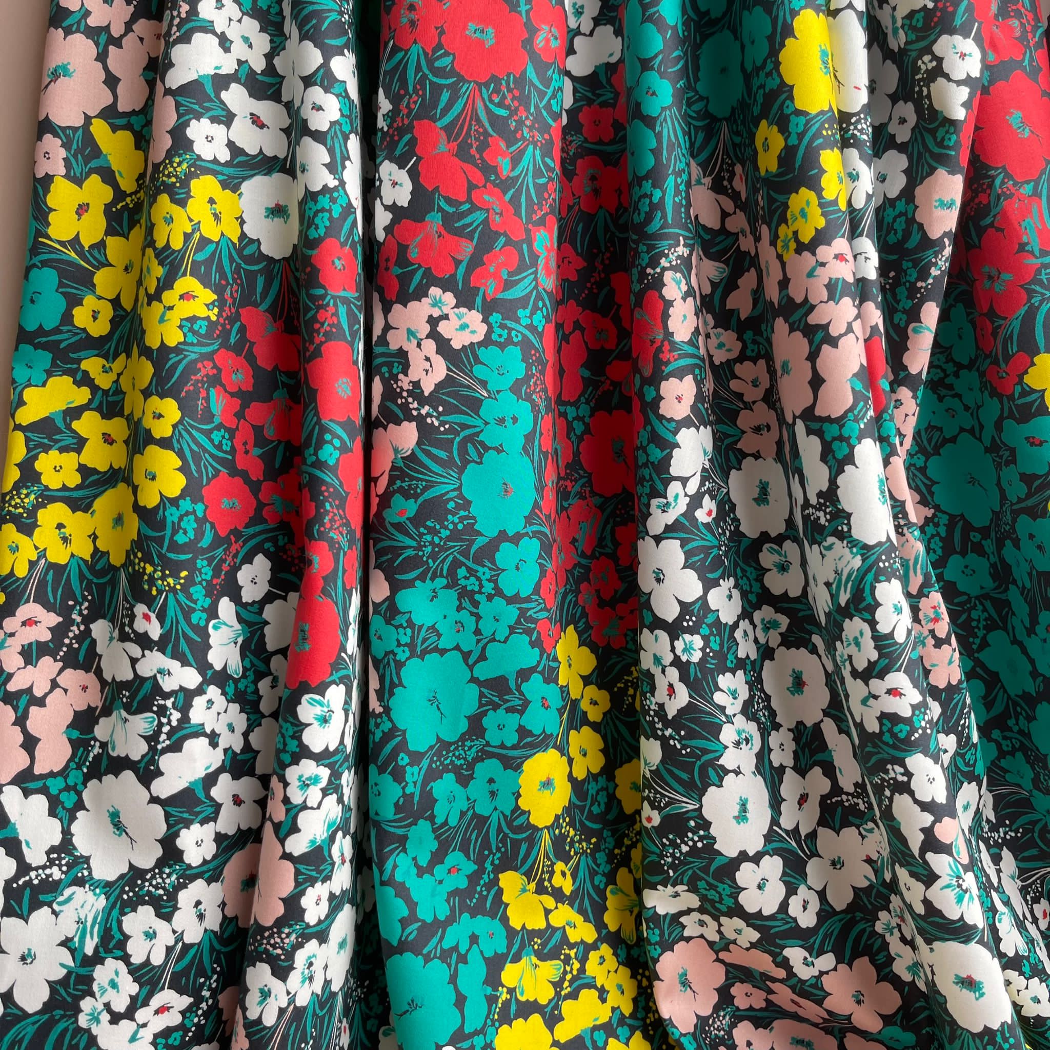 REMNANT 2.67 Metres - Meadow Flowers on Black Cotton Sateen Fabric