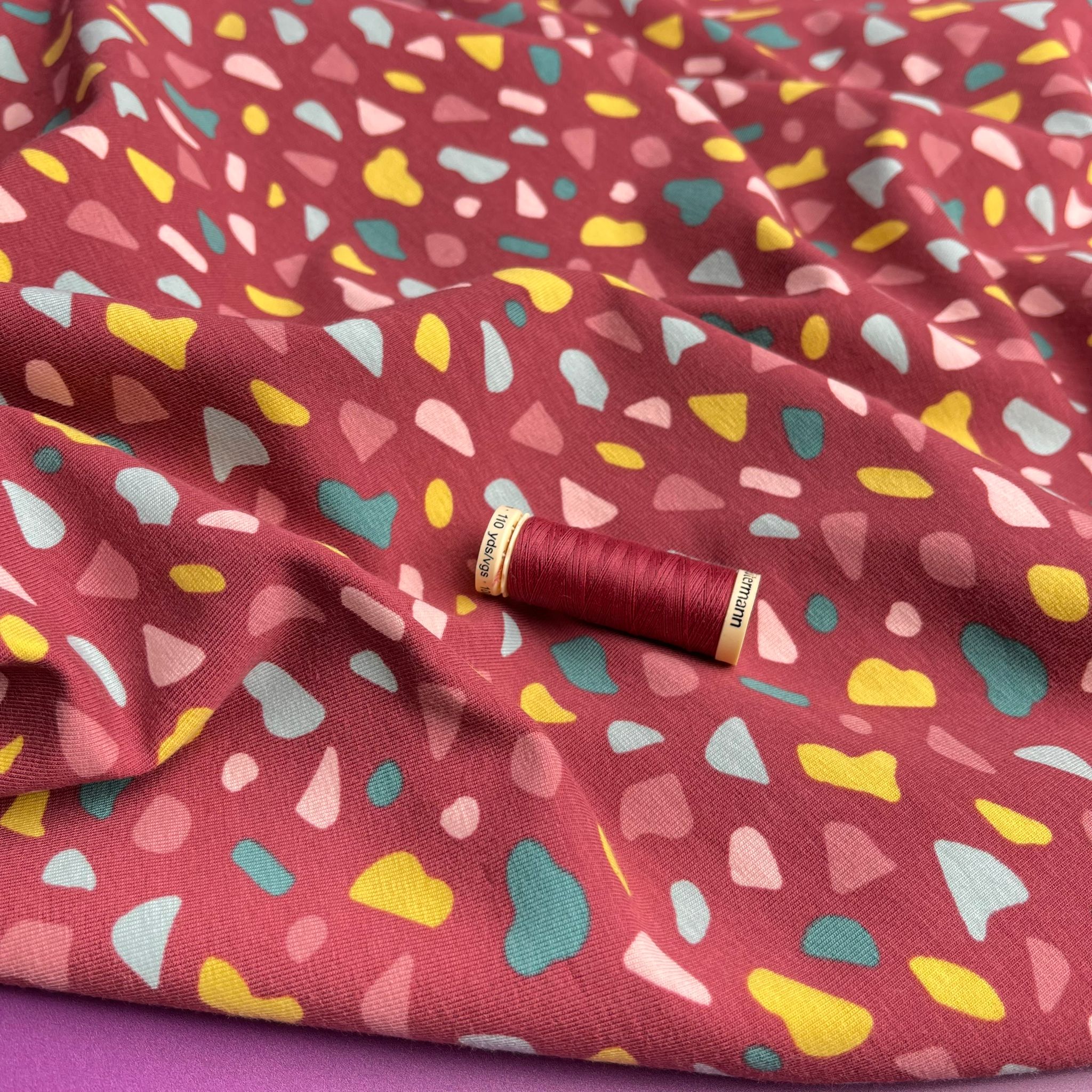 Joyful Terrazzo Red GOTS Organic Cotton Jersey Fabric