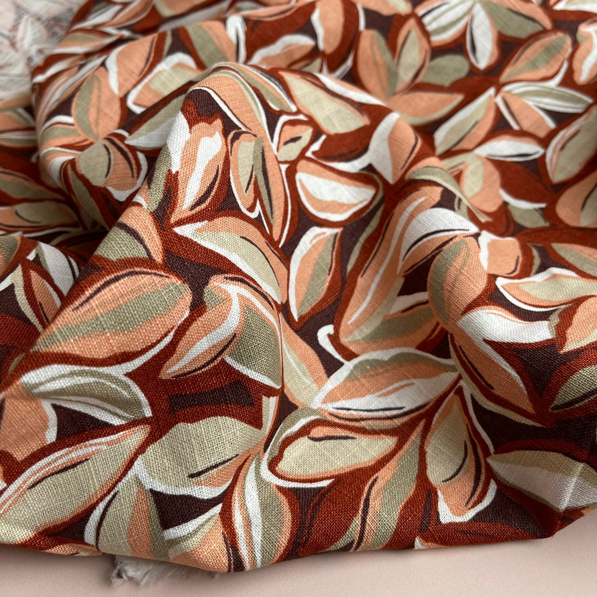 Leaves Enzyme Washed Pure Linen Fabric in Rust
