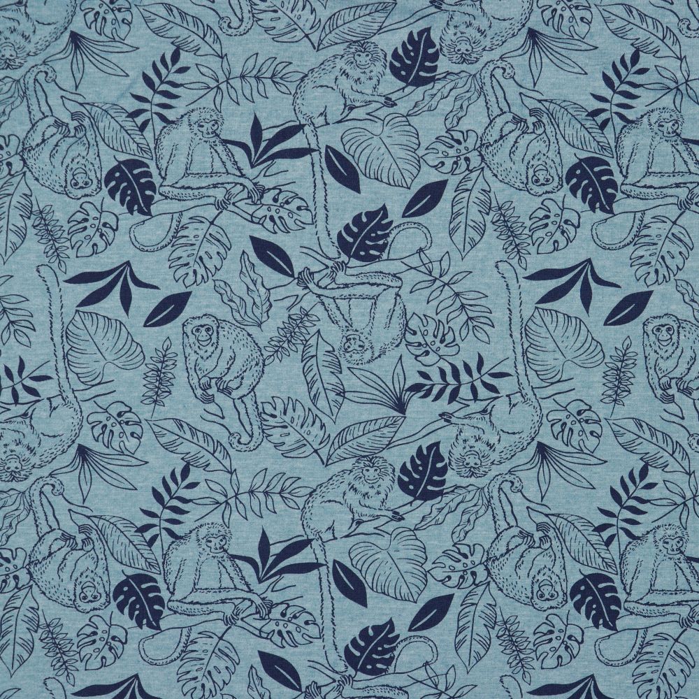 REMNANT 0.75 Metre - Jungle in Blue Melange Cotton Jersey Fabric