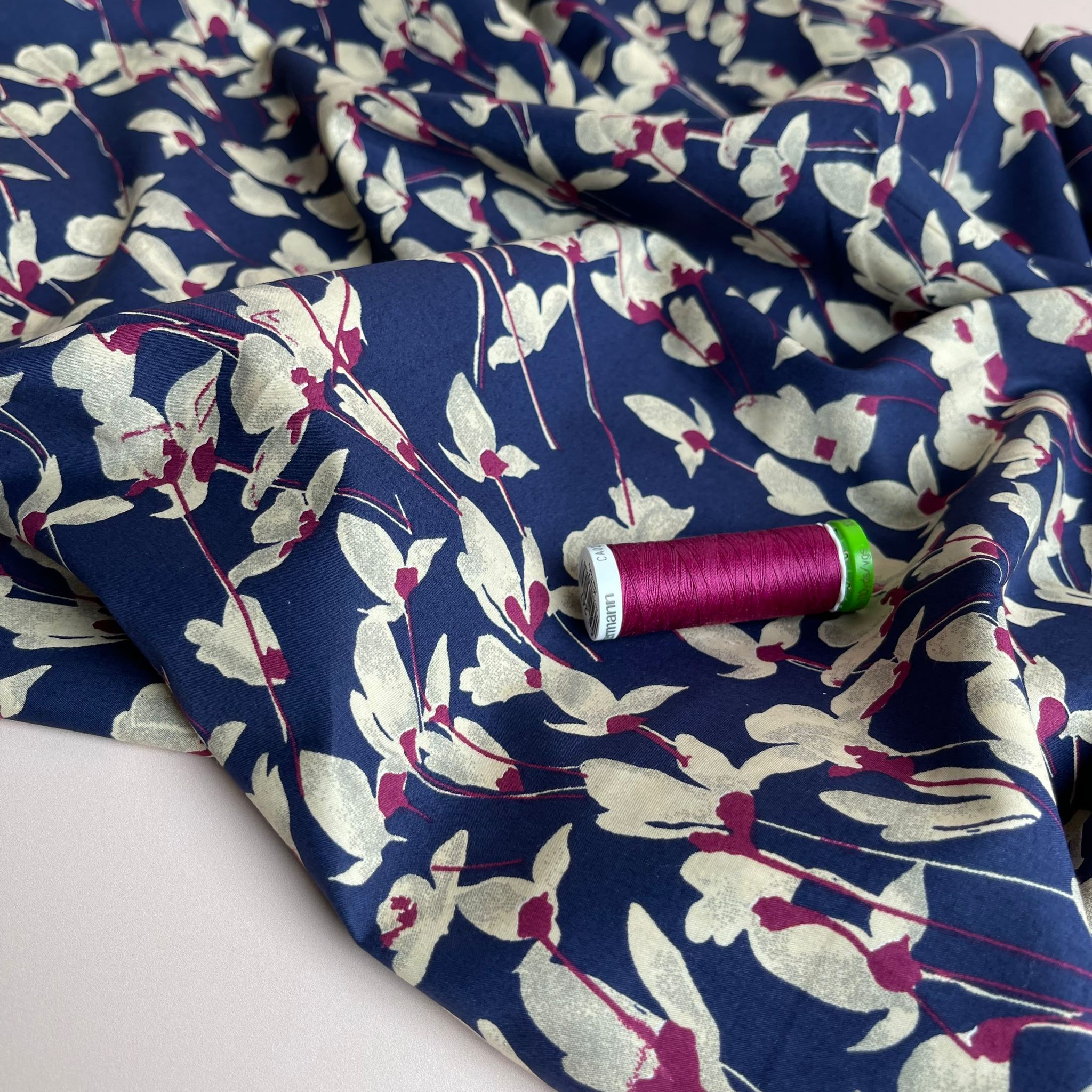 Fuchsia Petals on Navy Cotton Lawn Fabric