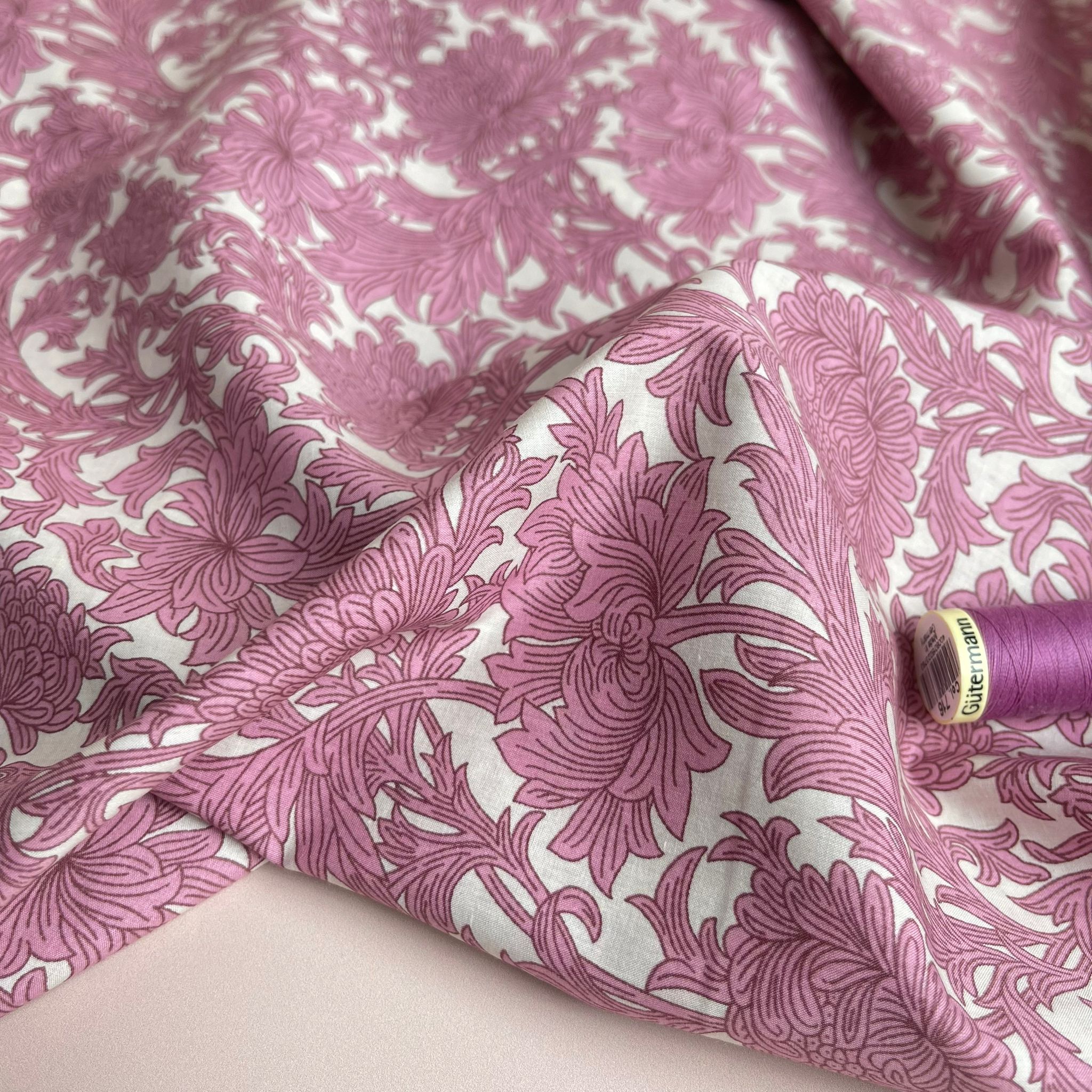 Elegant Peonies in Rose Pink Cotton Lawn Fabric