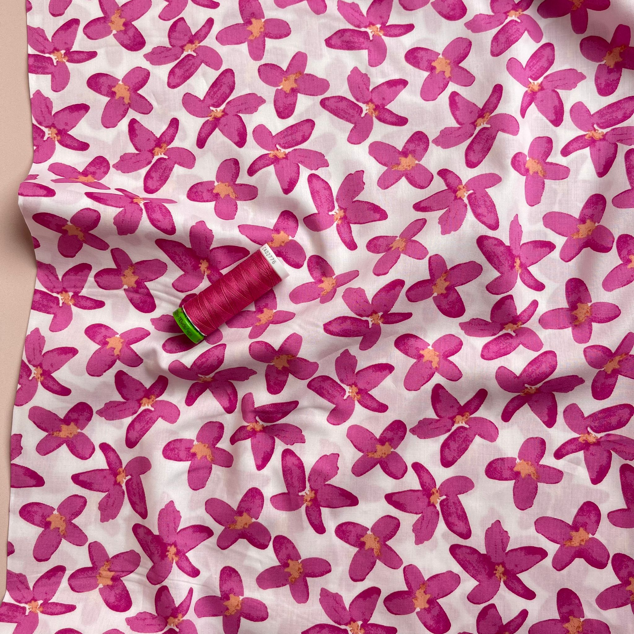 Painted Pink Flowers on White Cotton Lawn Fabric