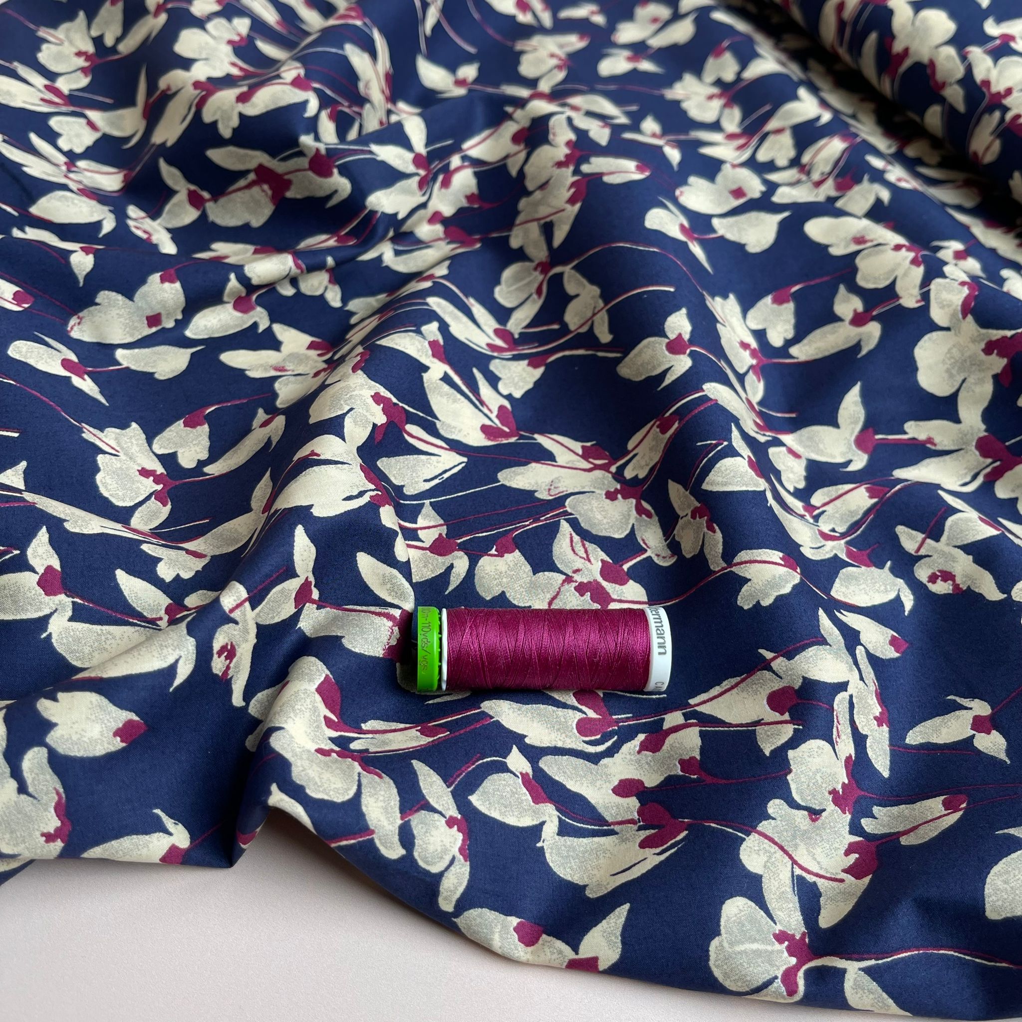 Fuchsia Petals on Navy Cotton Lawn Fabric