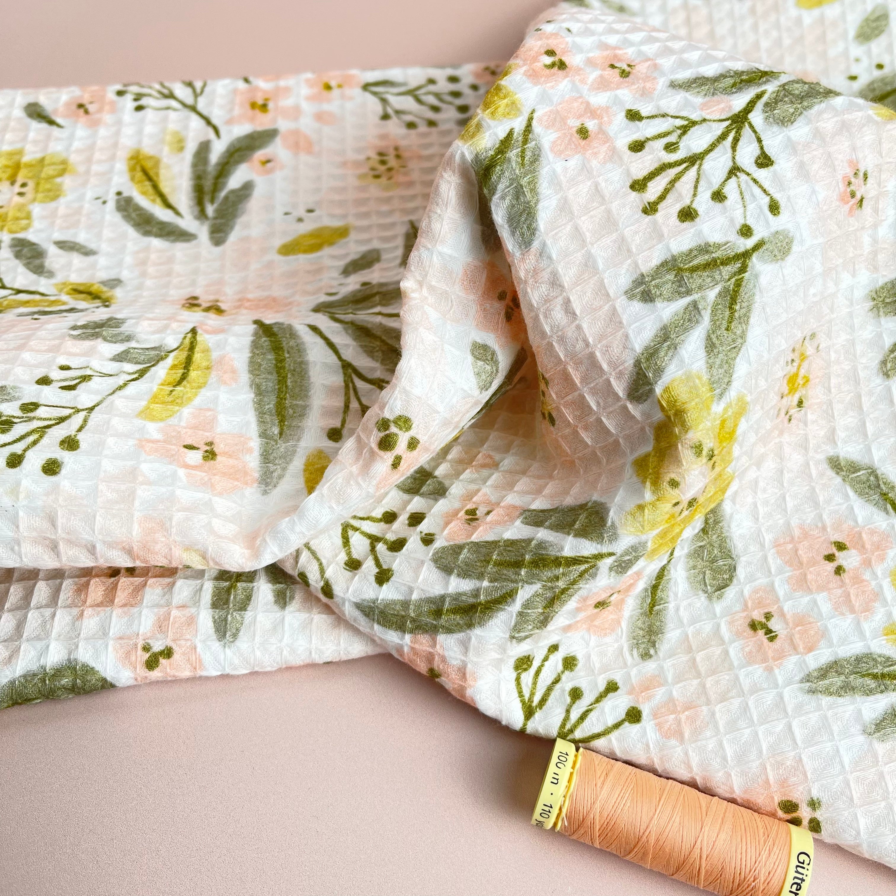 REMNANT 0.36 Metre - White Floral Pure Cotton Waffle Fabric