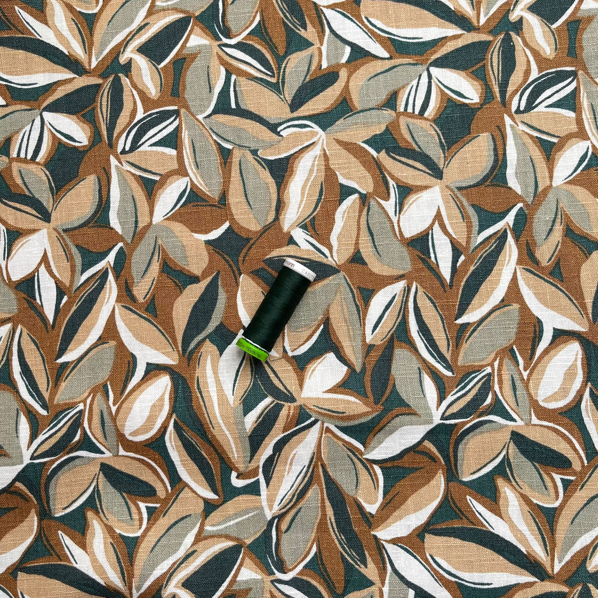 REMNANT 0.26 Metre - Leaves Enzyme Washed Pure Linen Fabric in Green