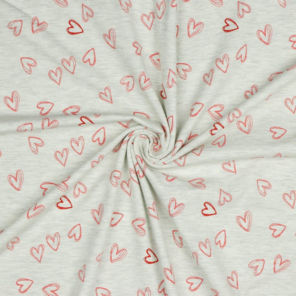REMNANT 0.35 Metre - Hearts in Ecru Melange Cotton Jersey Fabric