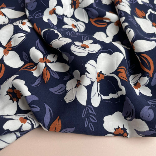 REMNANT 1.75 Metres - White Flowers on Navy Viscose Fabric