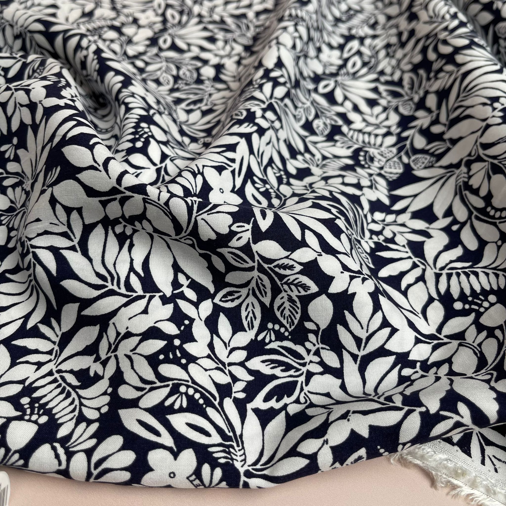 Foliage Dark Navy Viscose Poplin Fabric