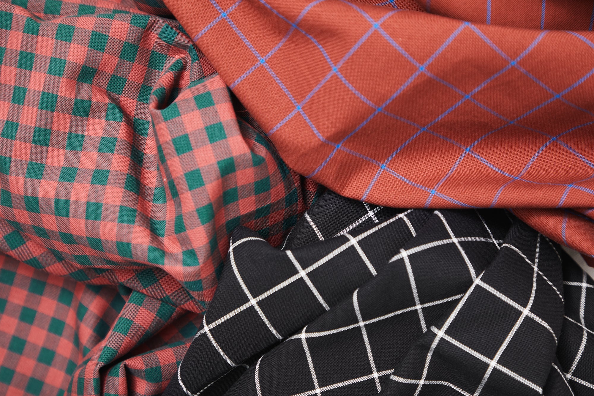 Organic Cotton Oxford Gingham - Coral Red / Bottle Green