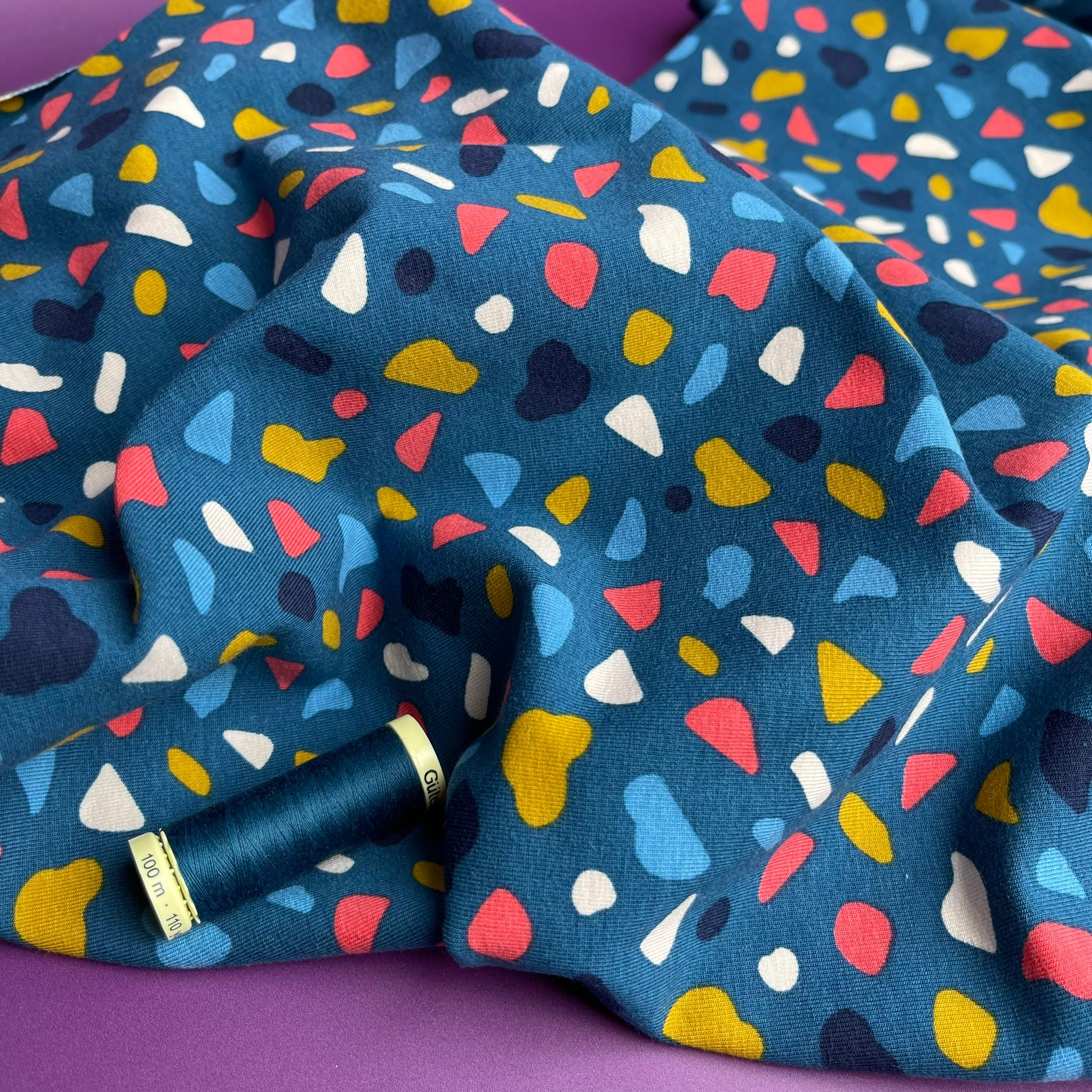 Joyful Terrazzo Teal GOTS Organic Cotton Jersey Fabric