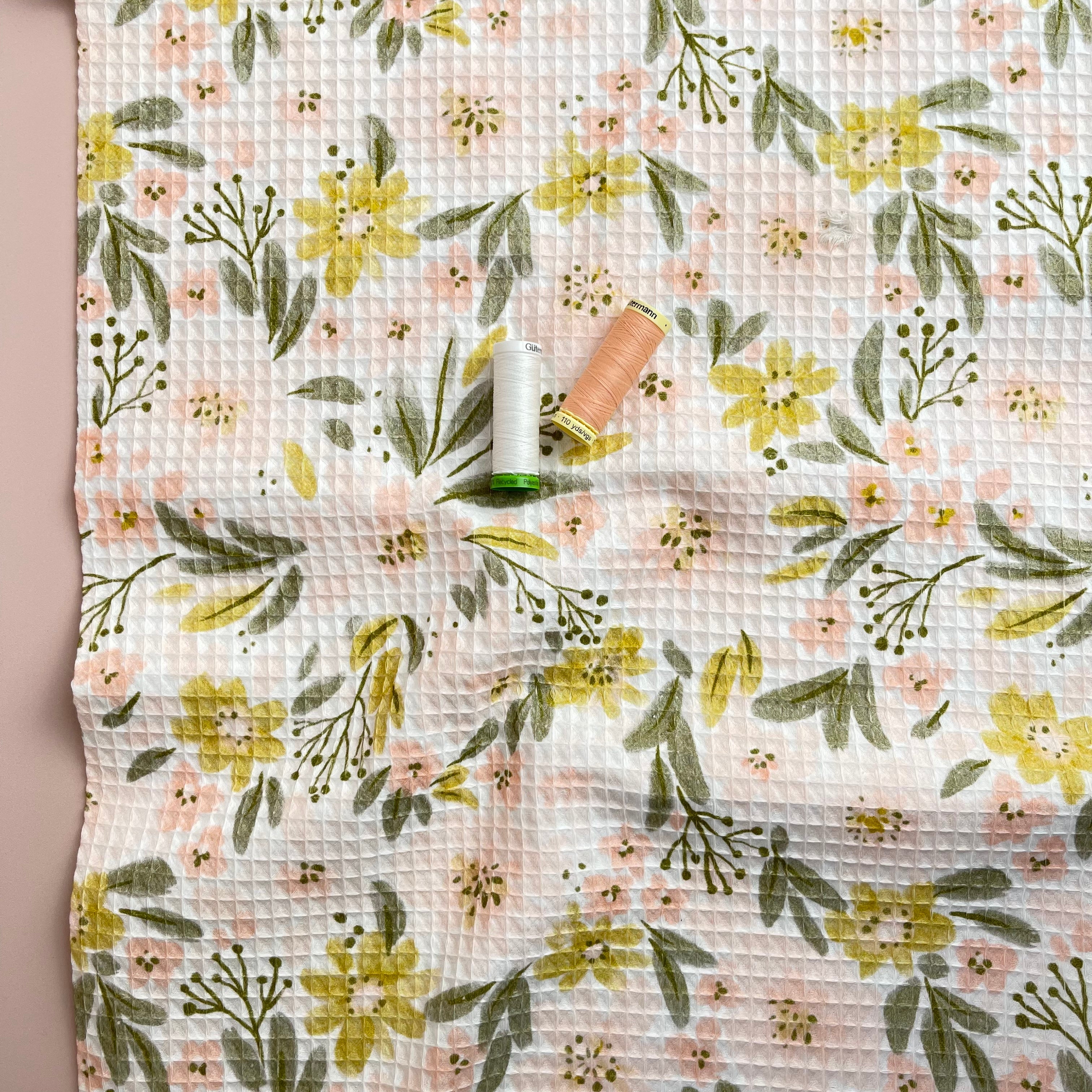 REMNANT 0.36 Metre - White Floral Pure Cotton Waffle Fabric