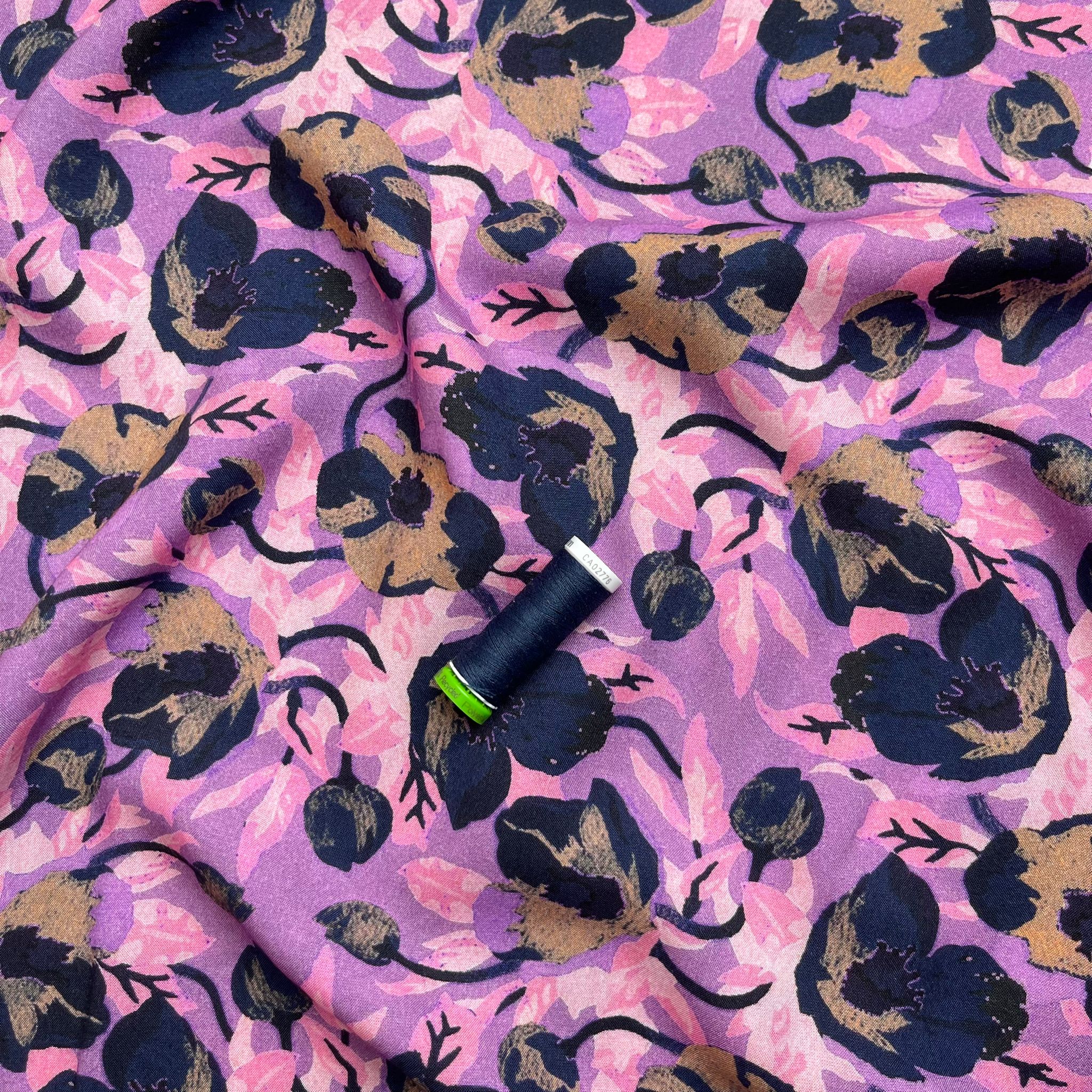 Navy Poppy on Lilac Viscose Fabric