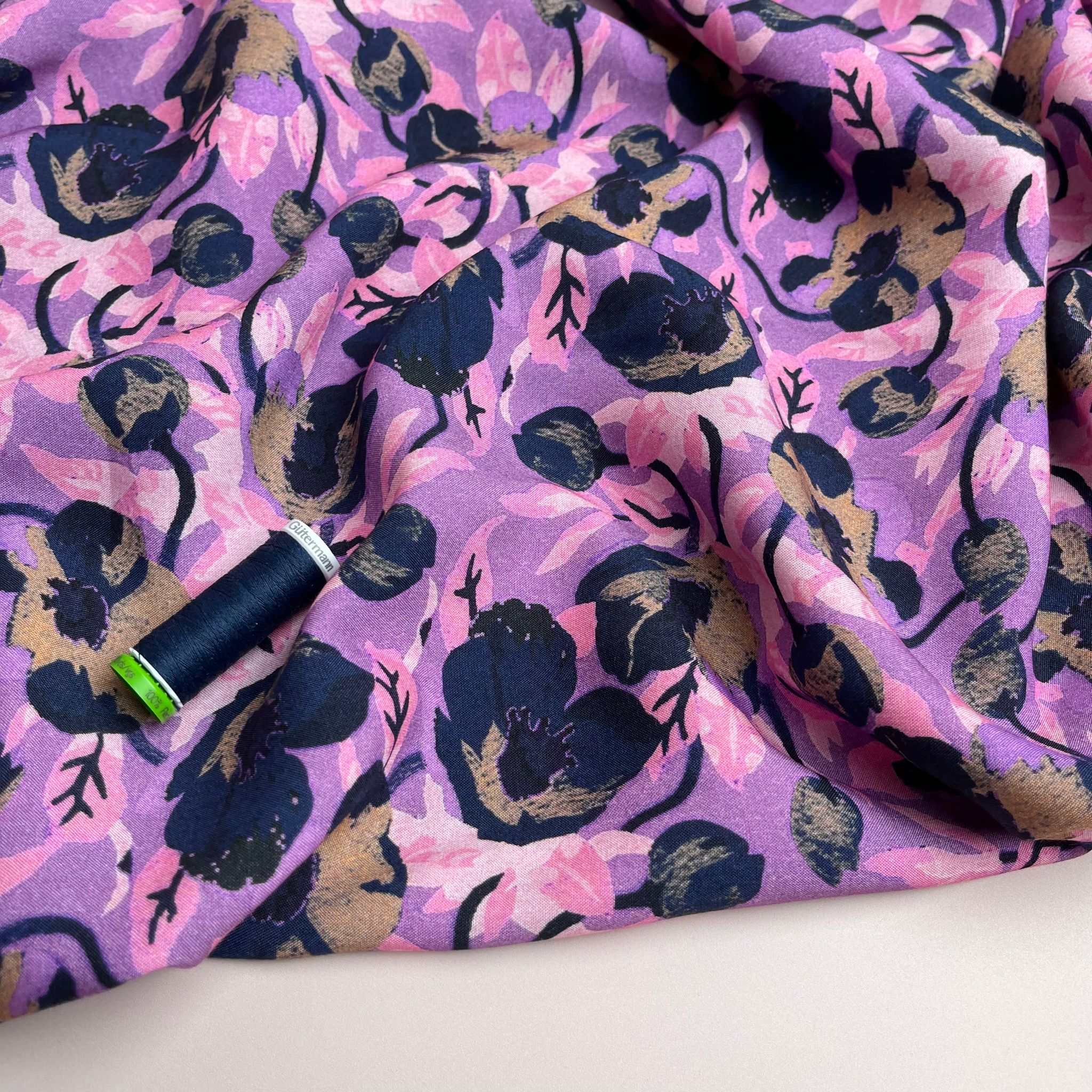 Navy Poppy on Lilac Viscose Fabric