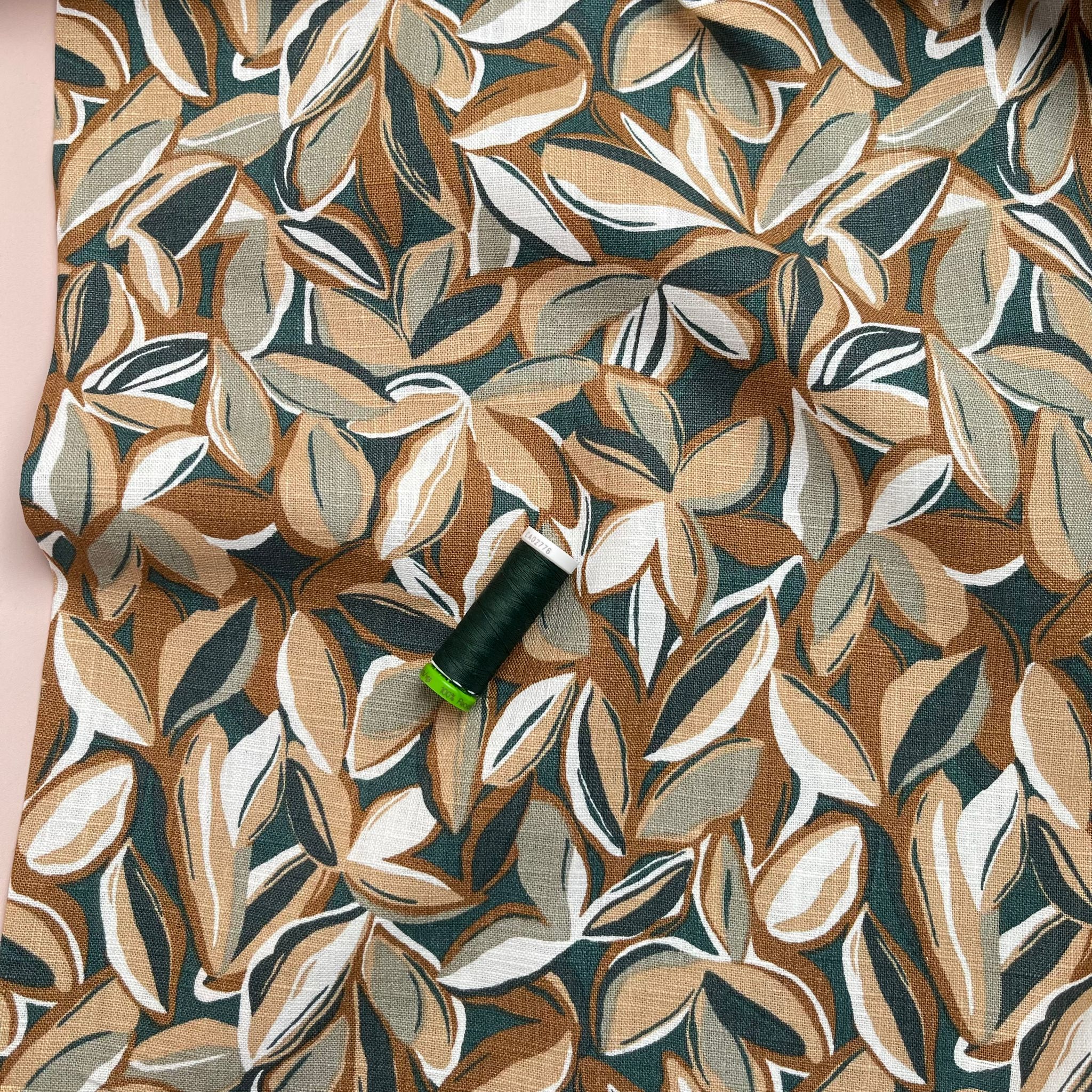 REMNANT 0.26 Metre - Leaves Enzyme Washed Pure Linen Fabric in Green