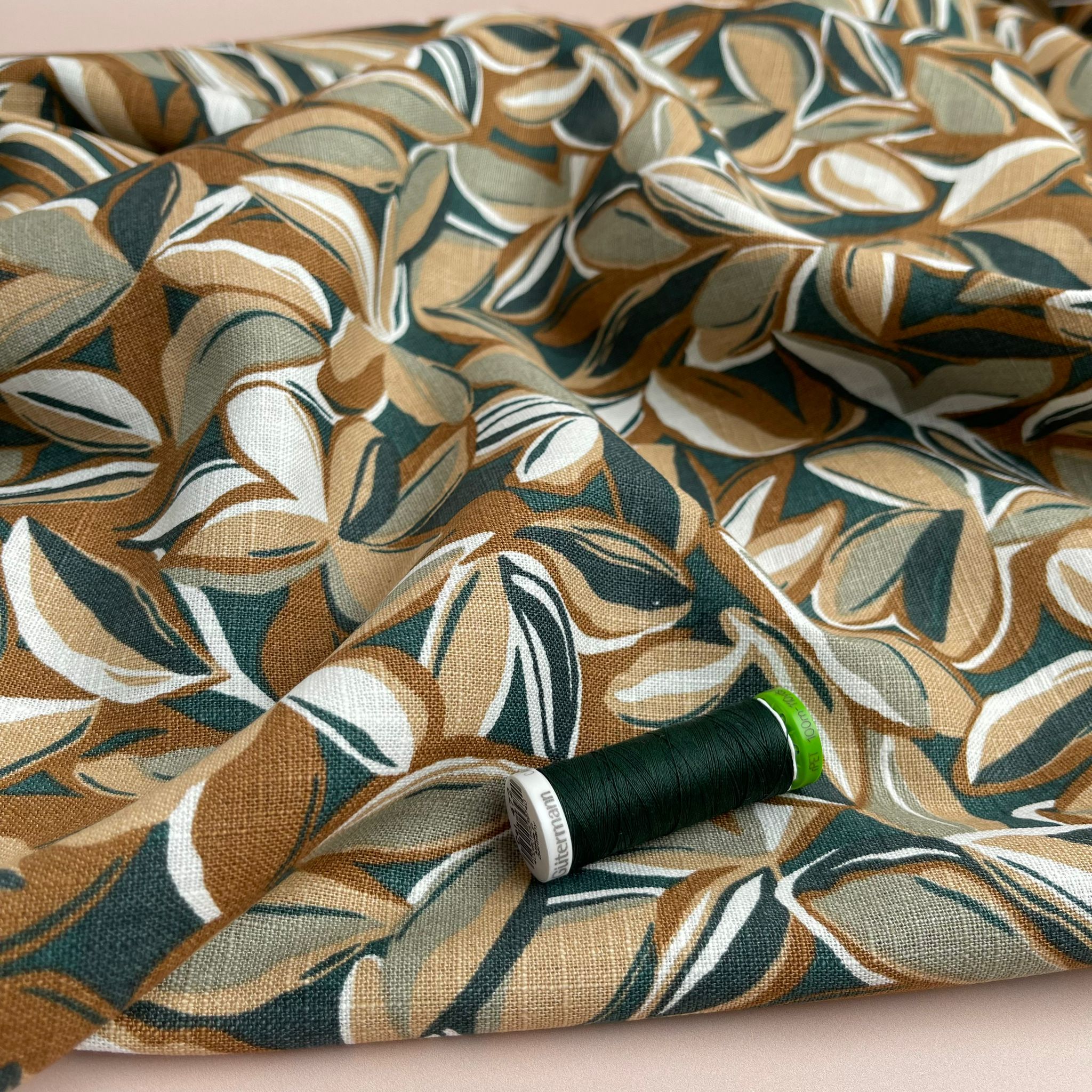 REMNANT 0.26 Metre - Leaves Enzyme Washed Pure Linen Fabric in Green
