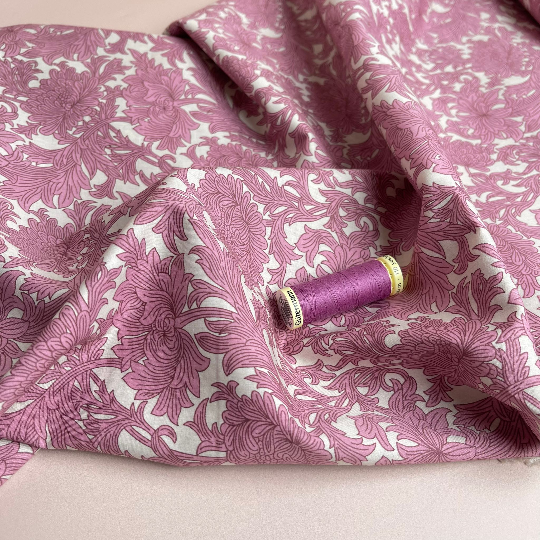 Elegant Peonies in Rose Pink Cotton Lawn Fabric