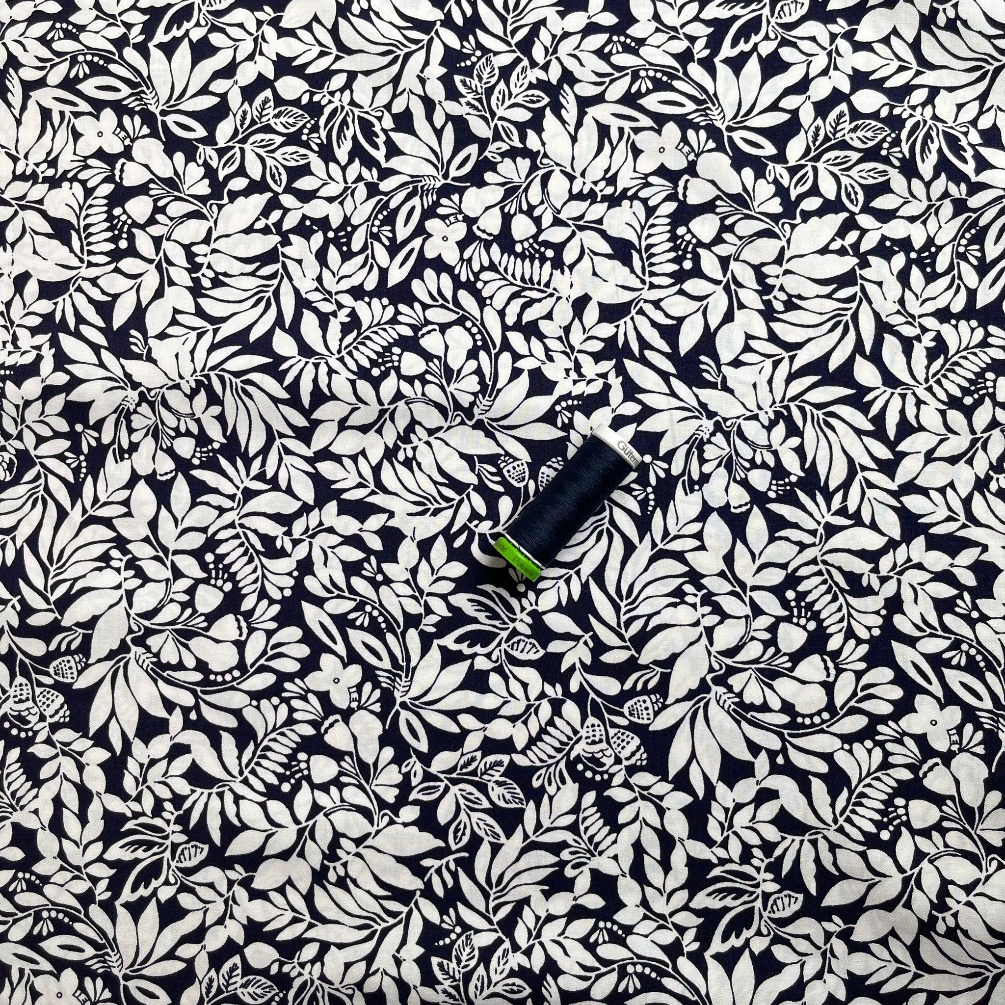 Foliage Dark Navy Viscose Poplin Fabric