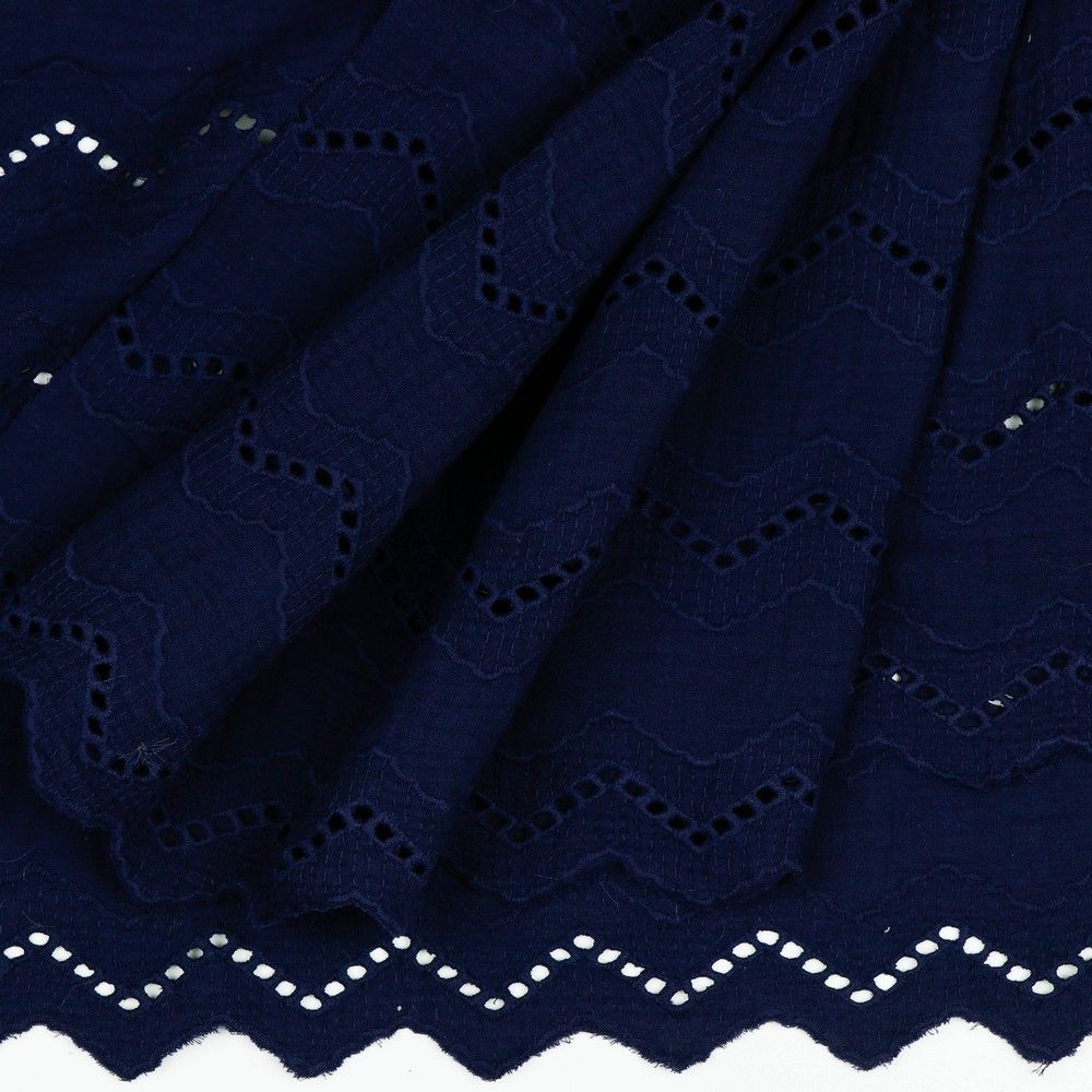 Scalloped Border Embroidered Cotton Double Gauze in Navy