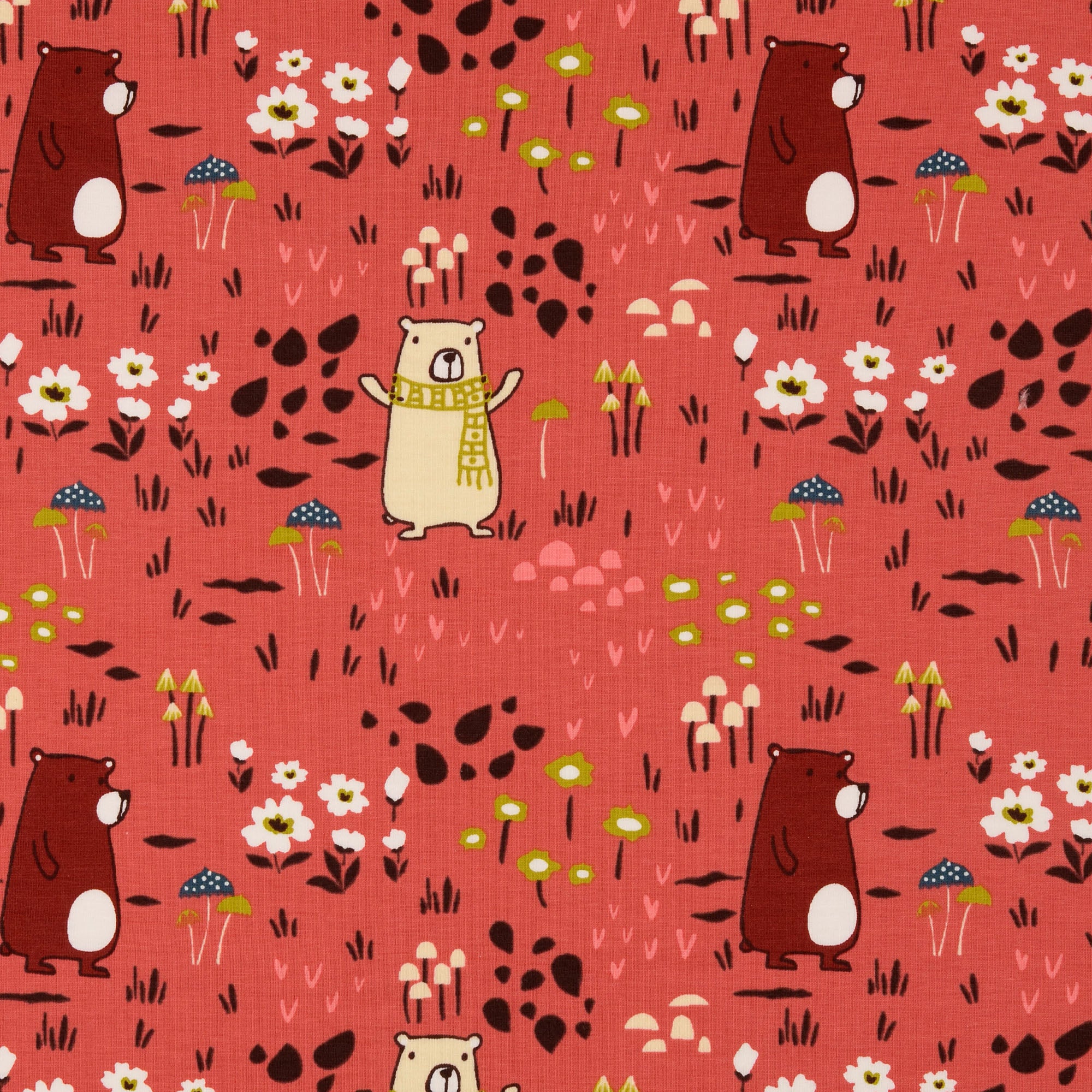 REMNANT 2.38 Metres - Happy Bears Redwood Cotton Jersey Fabric