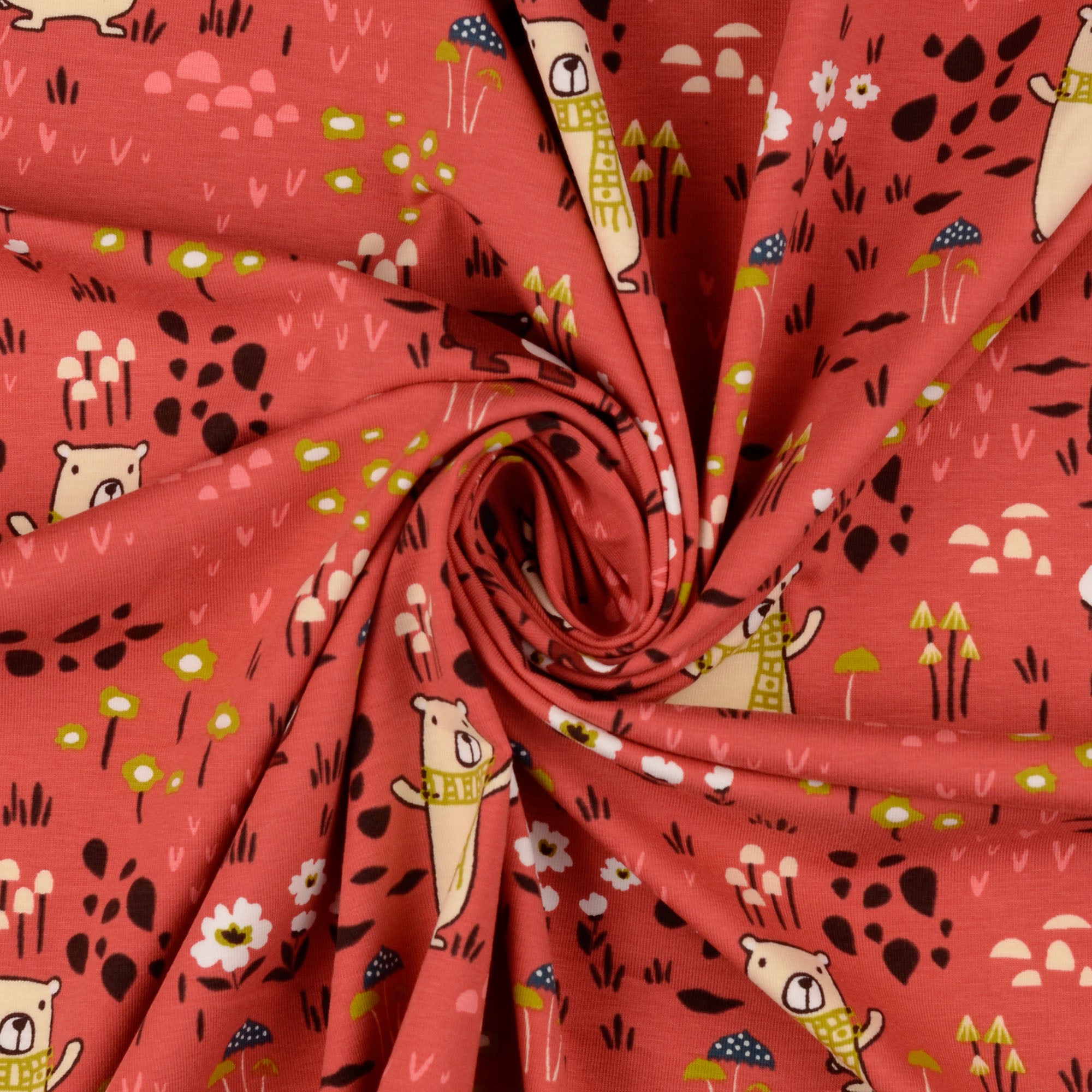 REMNANT 2.38 Metres - Happy Bears Redwood Cotton Jersey Fabric