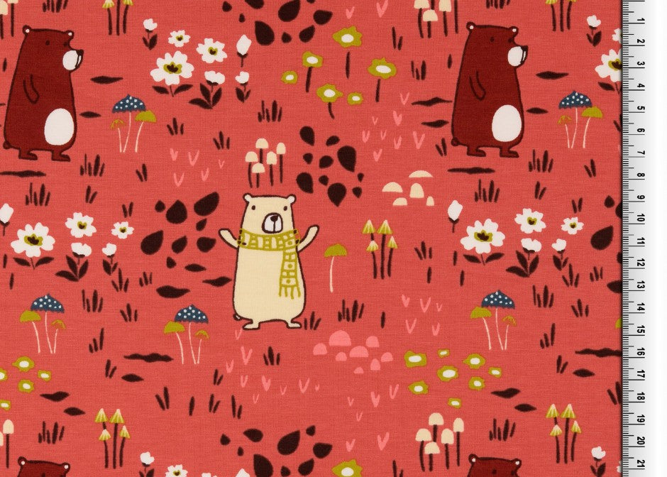 REMNANT 2.38 Metres - Happy Bears Redwood Cotton Jersey Fabric