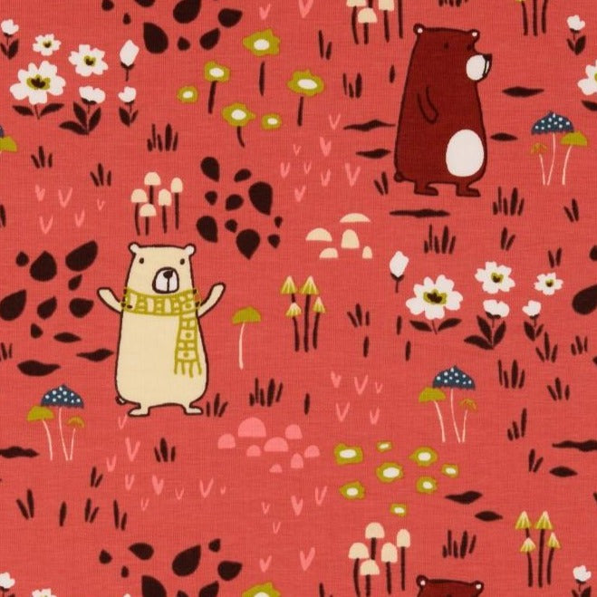 REMNANT 2.38 Metres - Happy Bears Redwood Cotton Jersey Fabric