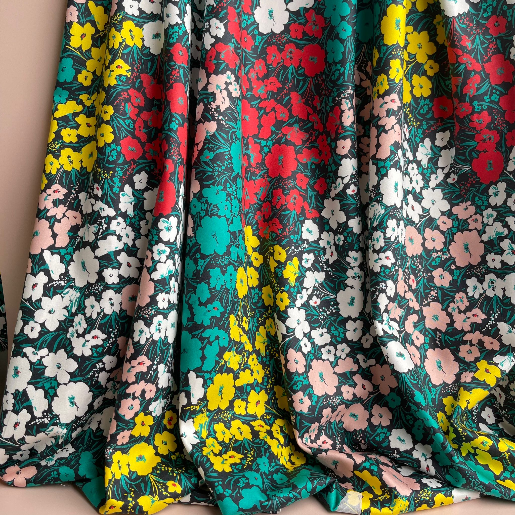 REMNANT 2.67 Metres - Meadow Flowers on Black Cotton Sateen Fabric