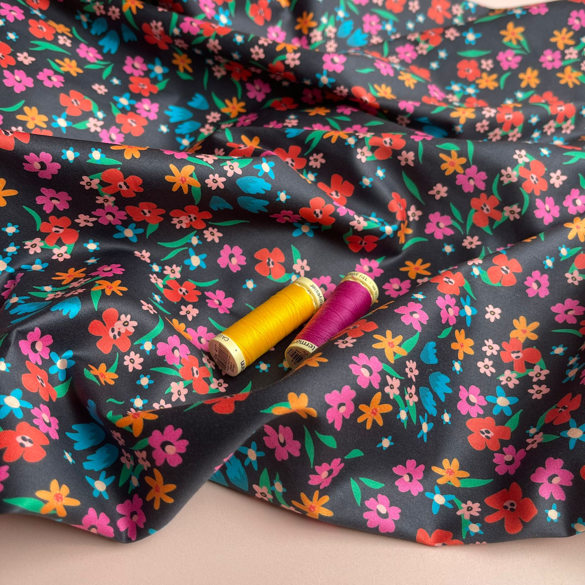 Ditsy Flowers on Black Cotton Sateen Fabric