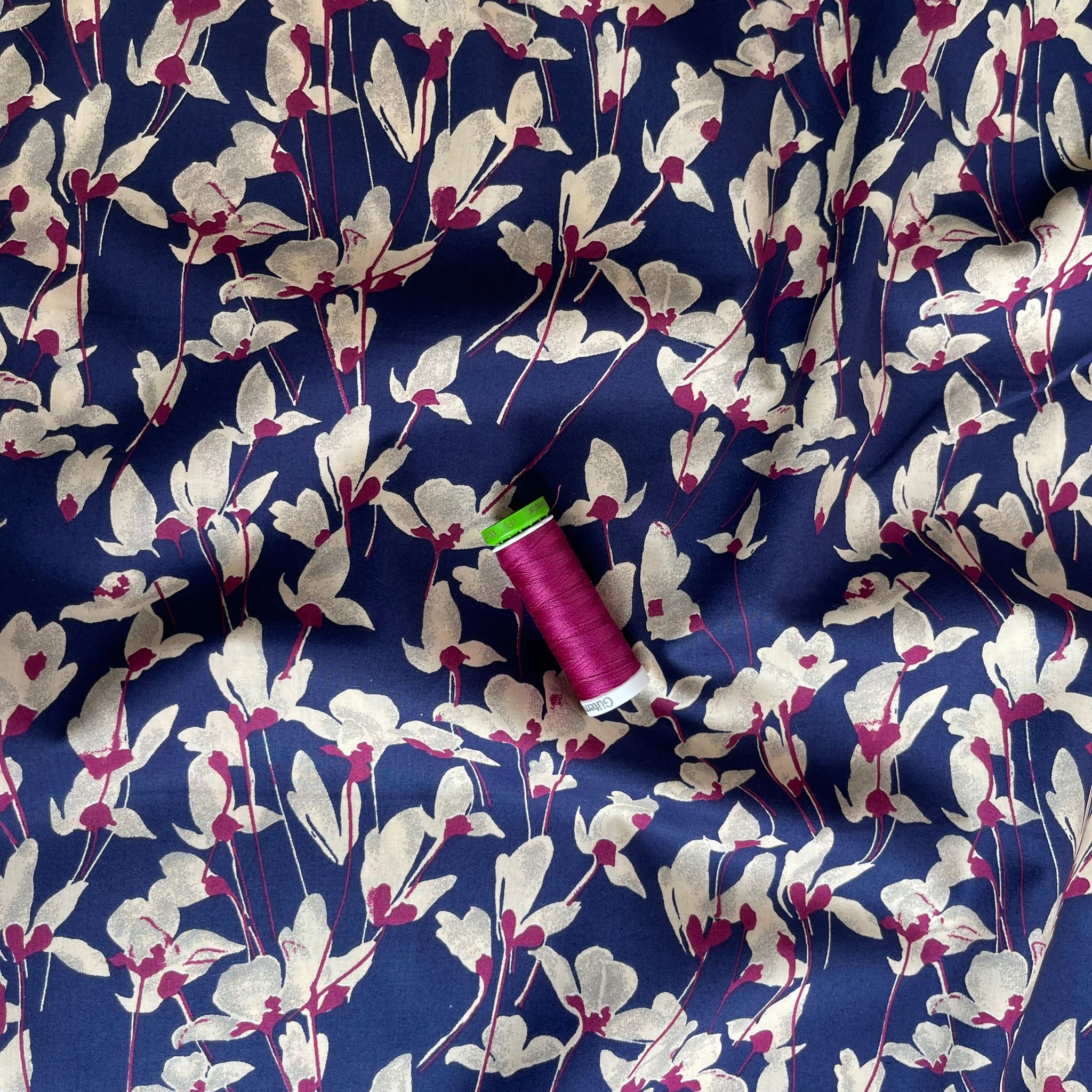 Fuchsia Petals on Navy Cotton Lawn Fabric
