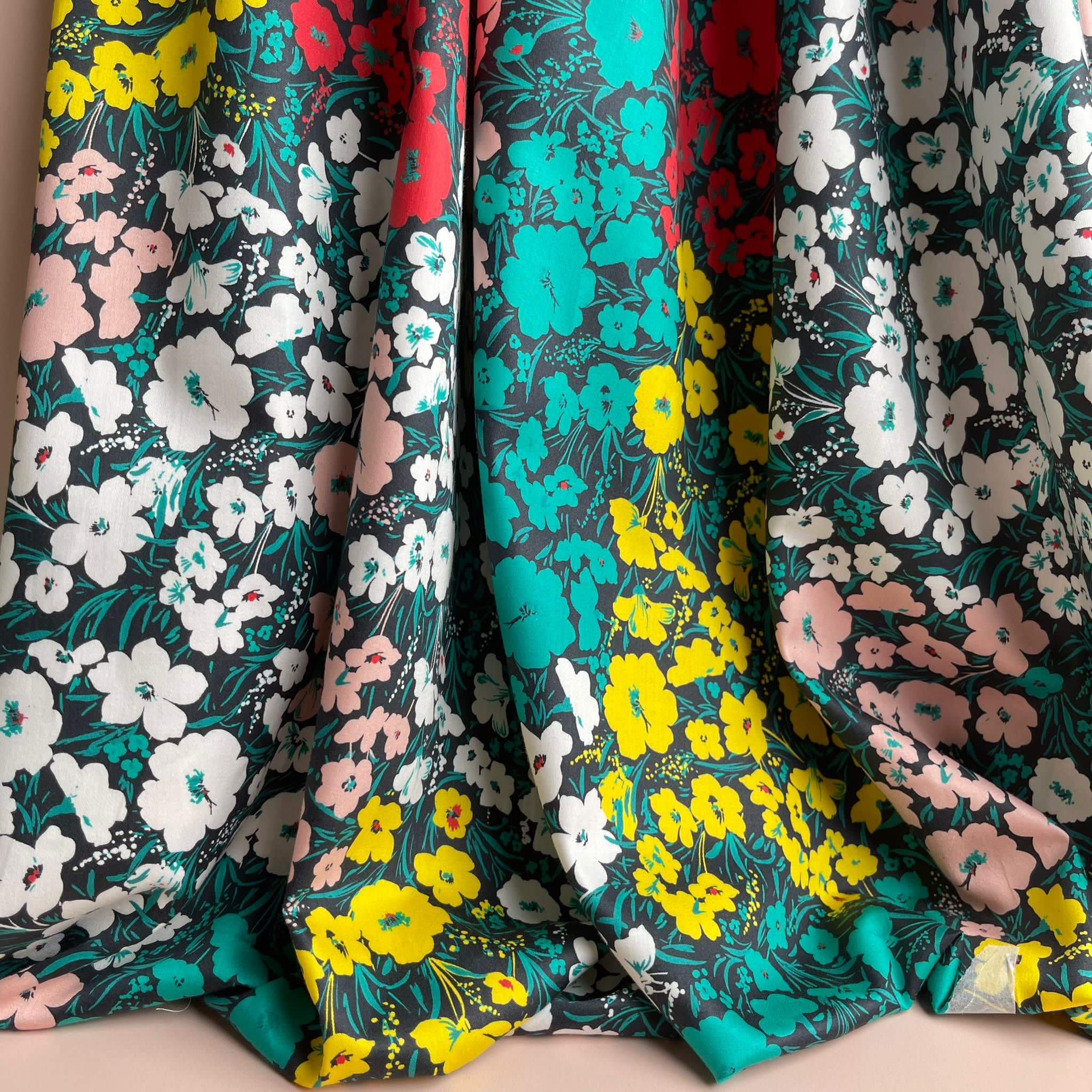 REMNANT 2.67 Metres - Meadow Flowers on Black Cotton Sateen Fabric