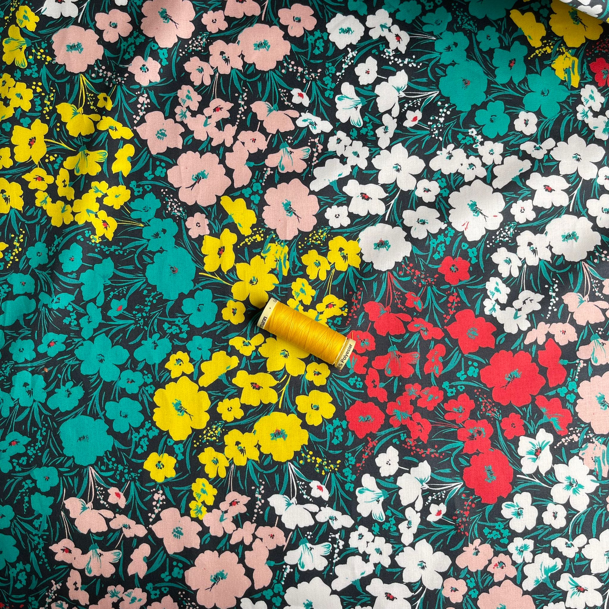 REMNANT 2.67 Metres - Meadow Flowers on Black Cotton Sateen Fabric