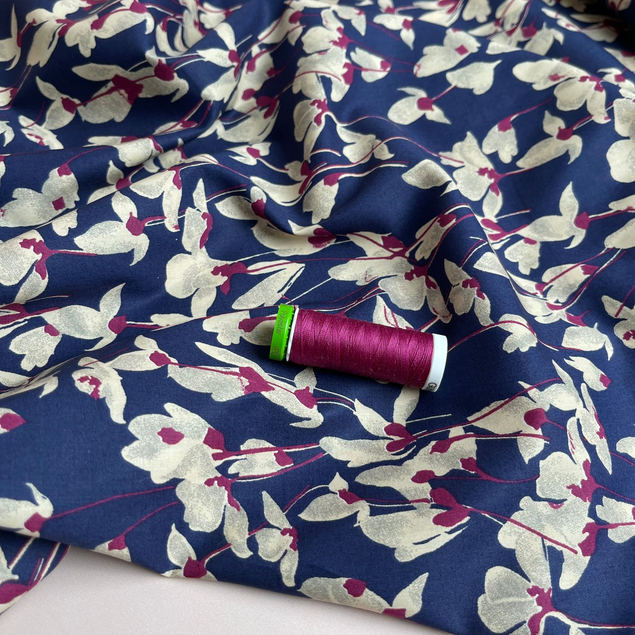 Fuchsia Petals on Navy Cotton Lawn Fabric