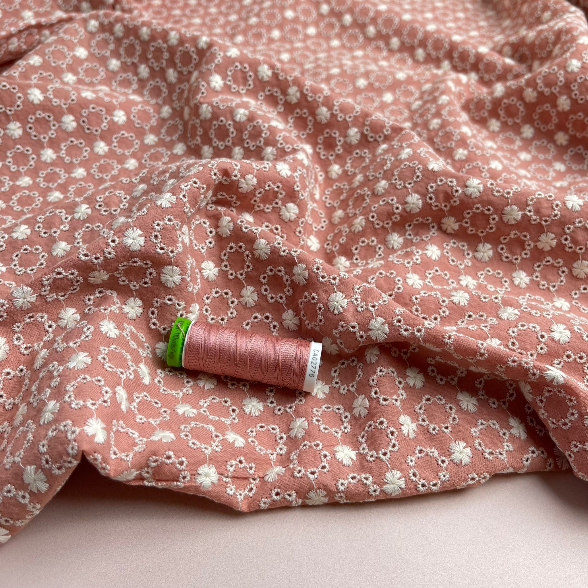 Daisy Chain Rose Pink Embroidered Cotton Fabric