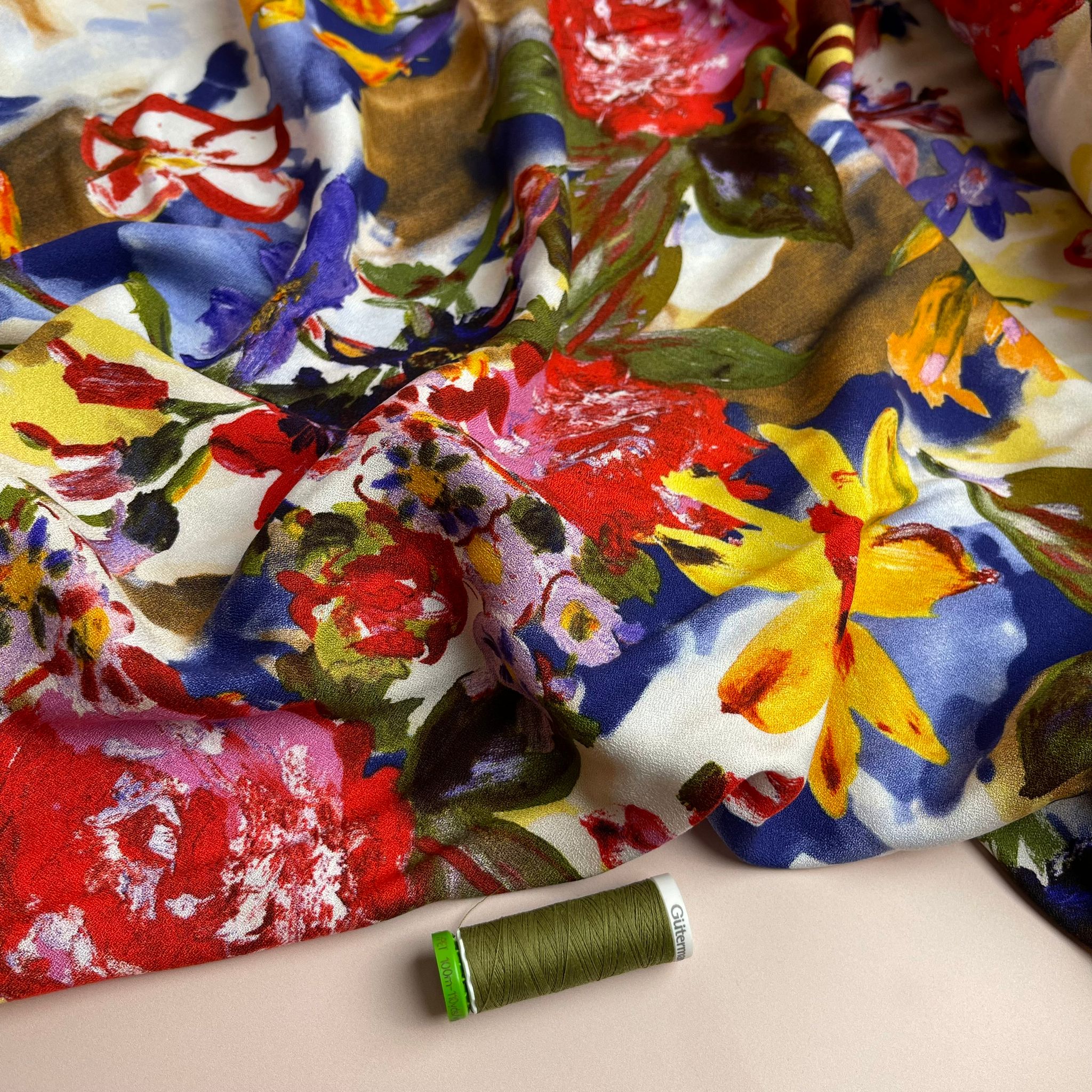 Watercolour Bold Bouquet Viscose Crepe Fabric