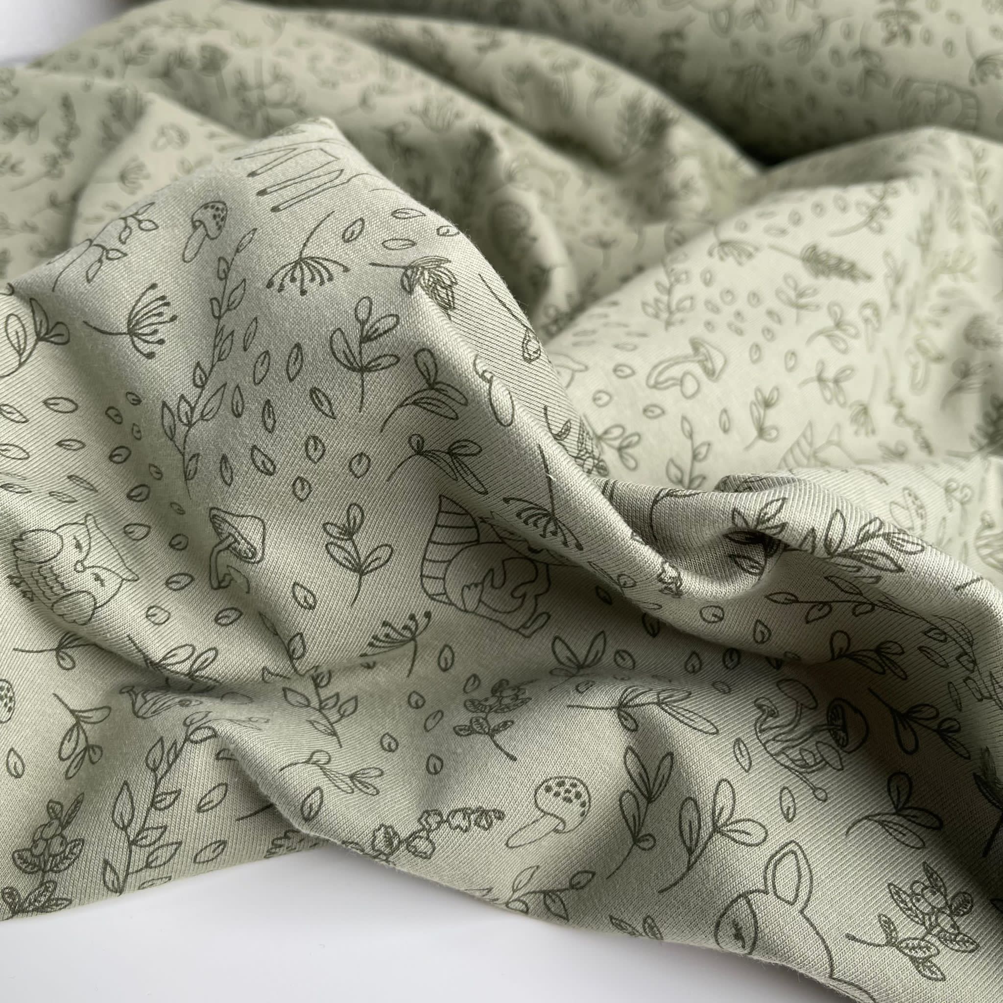 Woodland Animals Light Green French Terry