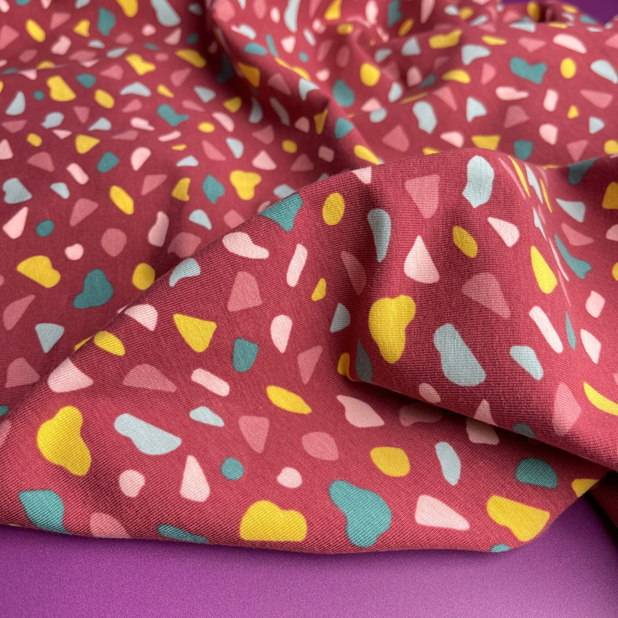 Joyful Terrazzo Red GOTS Organic Cotton Jersey Fabric