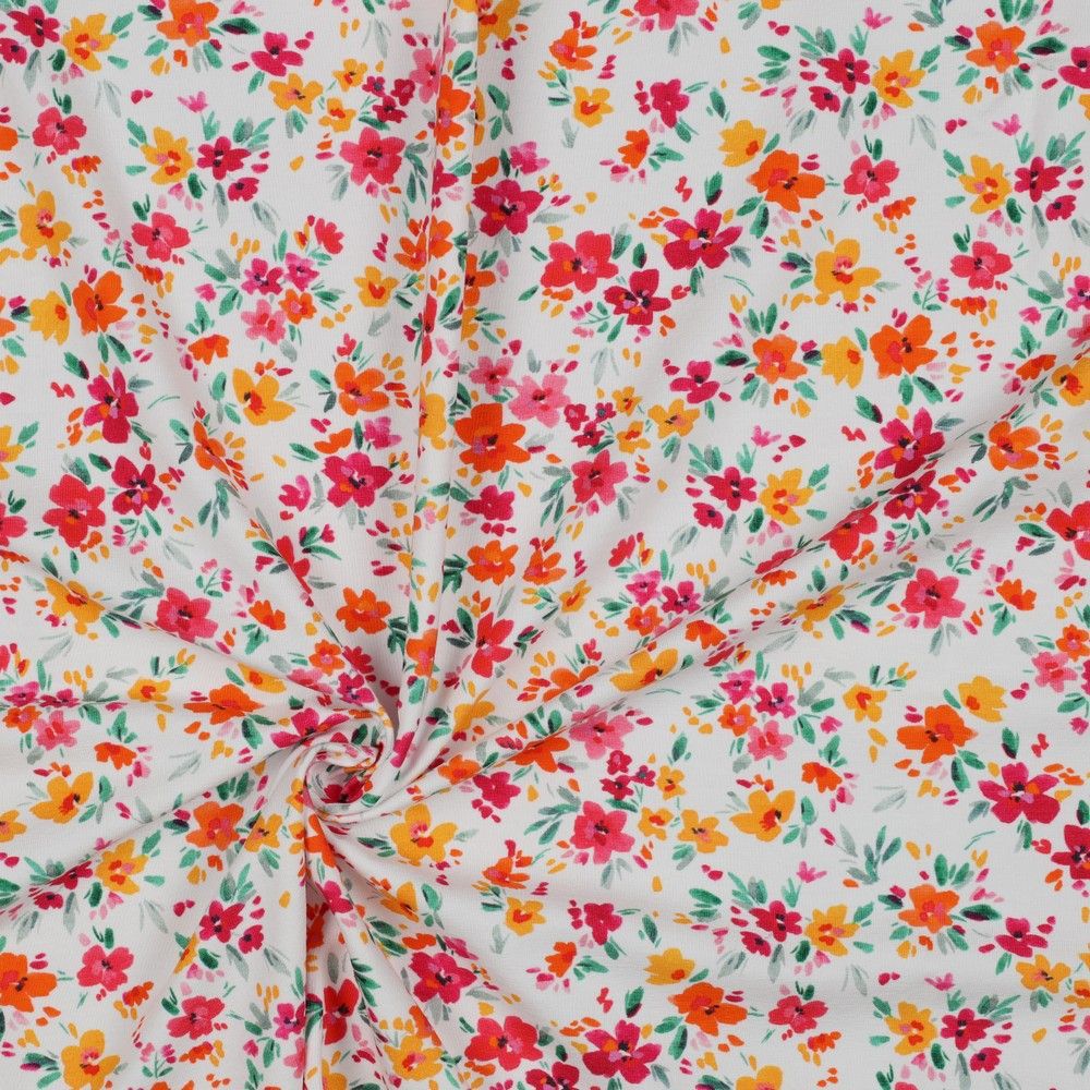 REMNANT 2 Metres (fault, some black marks accross fabric)  - Watercolour Wildflowers on White Cotton Jersey Fabric