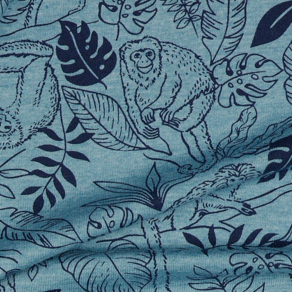 REMNANT 0.75 Metre - Jungle in Blue Melange Cotton Jersey Fabric