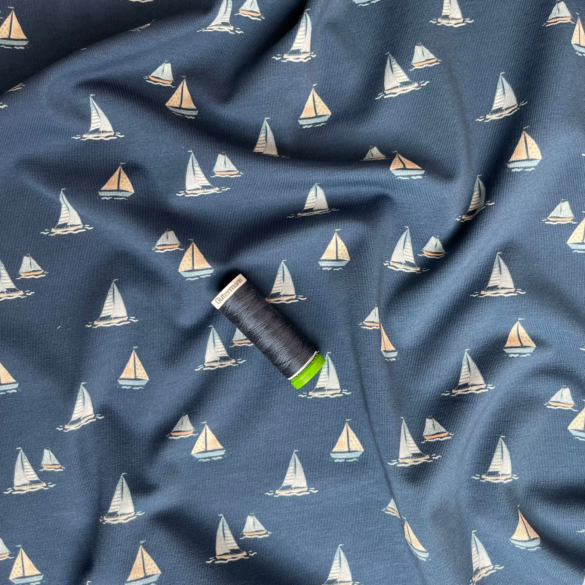 REMNANT 1.4 Metres - Sailing Boats Navy Organic Cotton Jersey Fabric