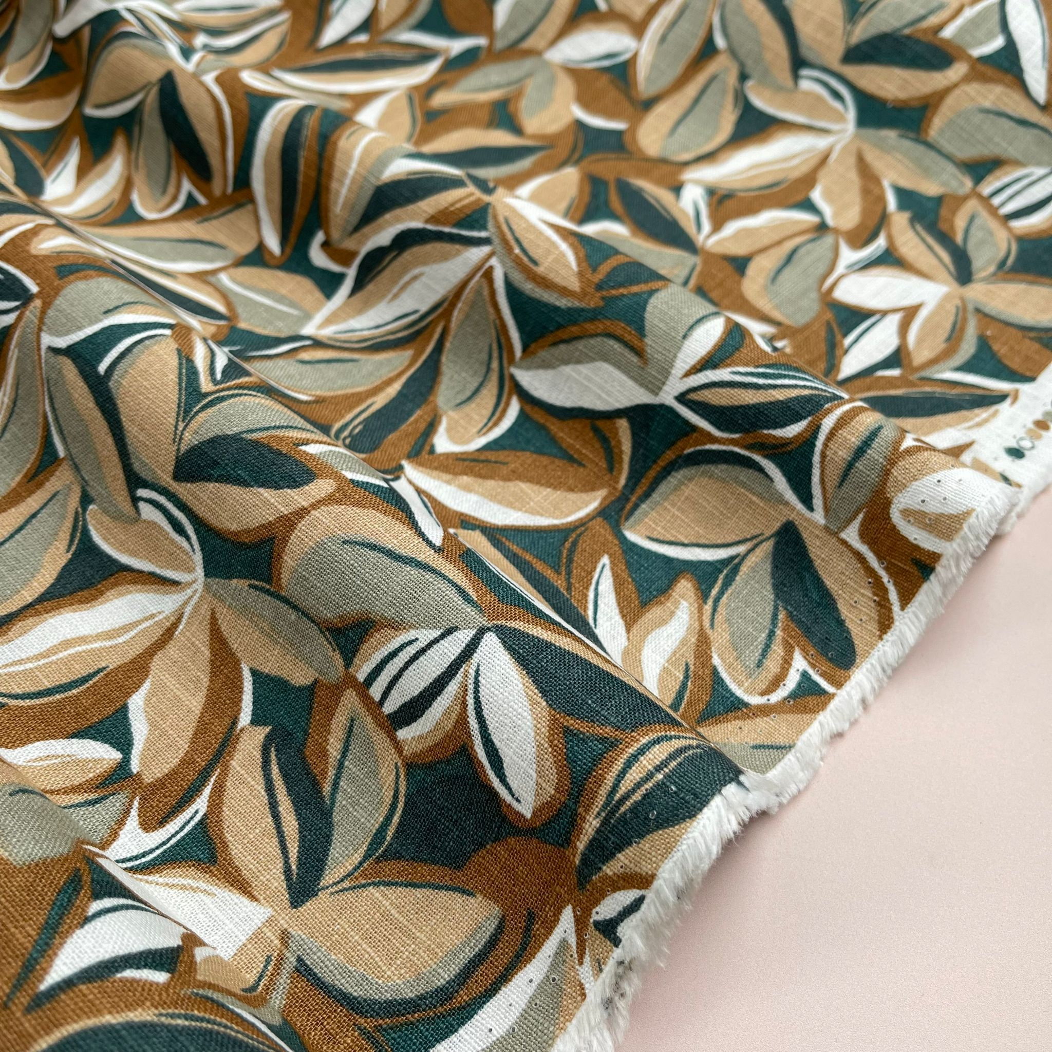 REMNANT 0.26 Metre - Leaves Enzyme Washed Pure Linen Fabric in Green