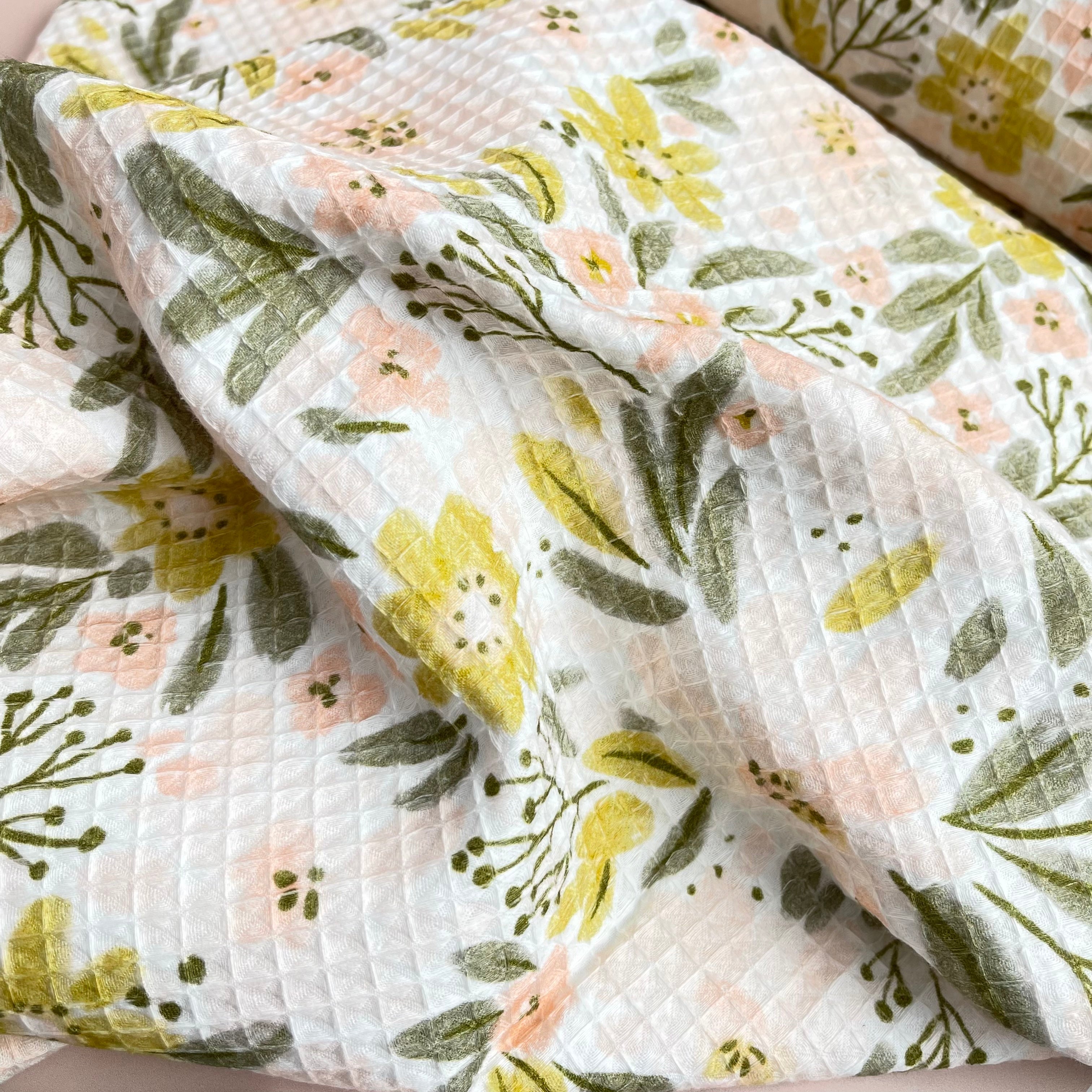 REMNANT 0.36 Metre - White Floral Pure Cotton Waffle Fabric