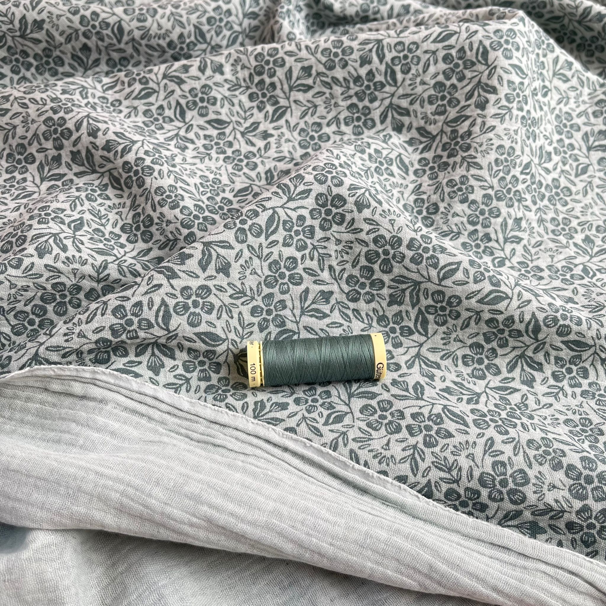 REMNANT 2.15 Metres - Sweet Small Flowers Green Cotton Double Gauze