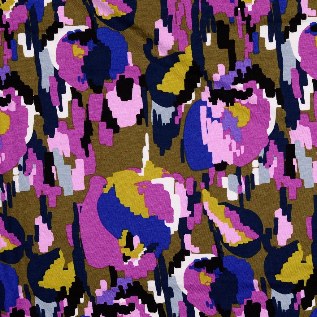 REMNANT 0.68 Metres (plus free section with faults) - Pixel Flowers in Purple Viscose Jersey Fabric