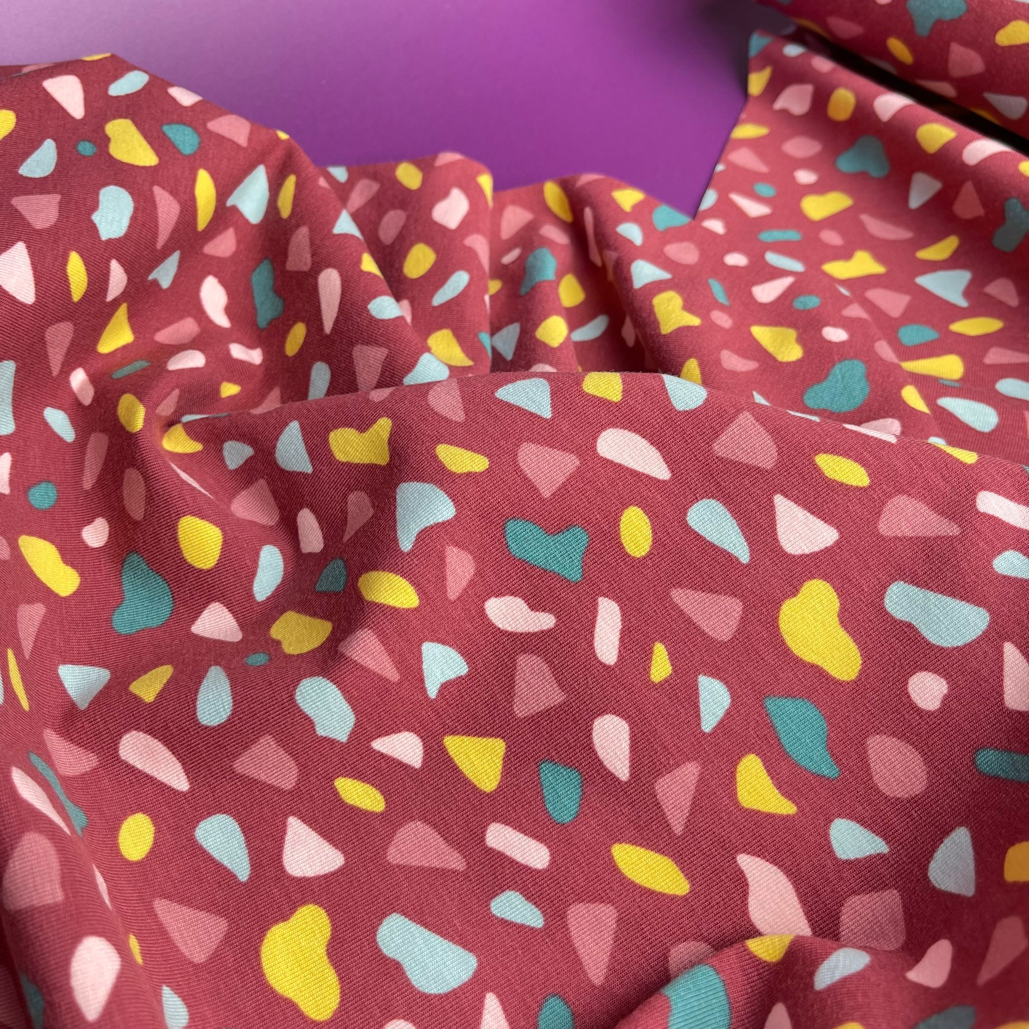 Joyful Terrazzo Red GOTS Organic Cotton Jersey Fabric