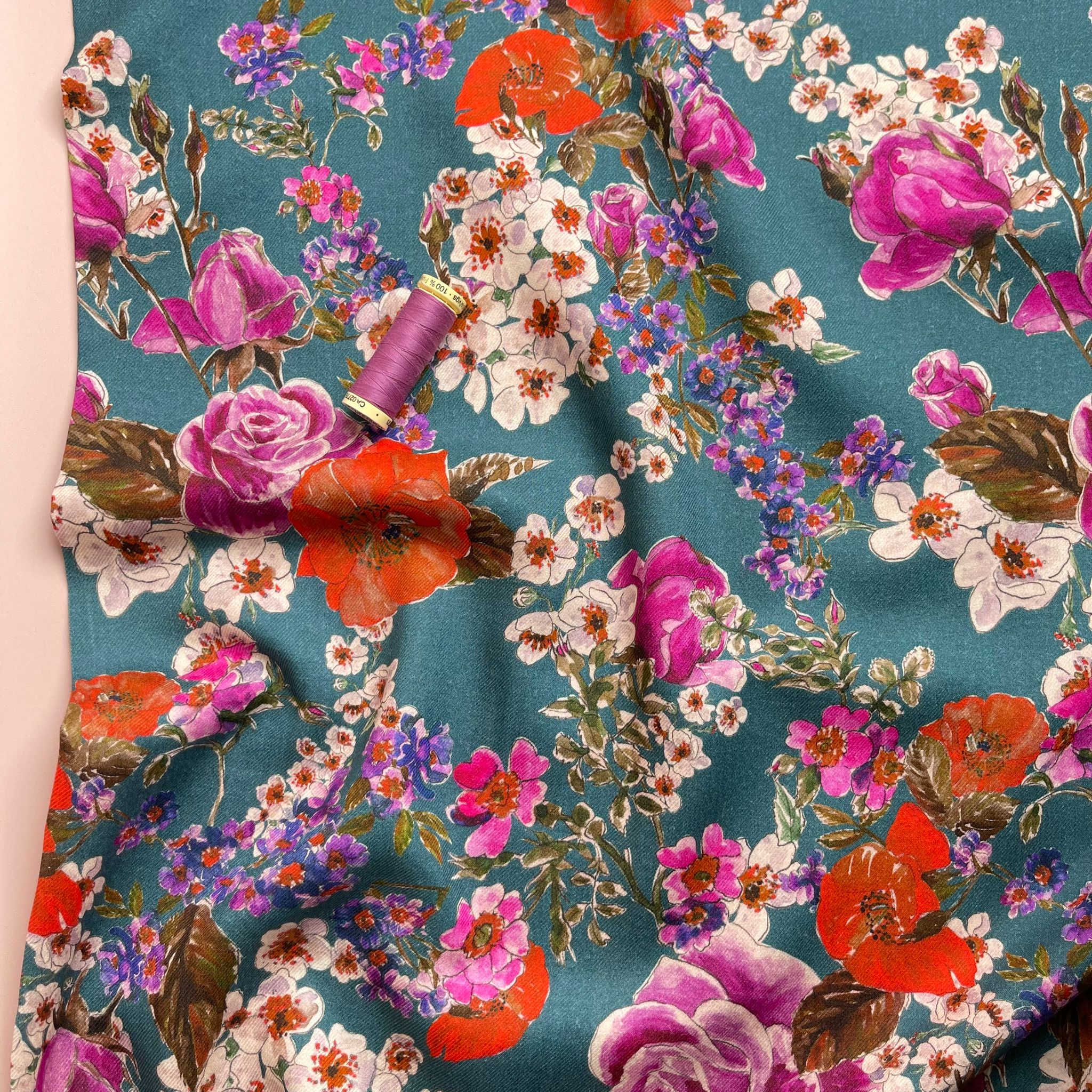 REMNANT 1.68 Metres - Blossoms on Teal Modal Blend Twill Dress Fabric